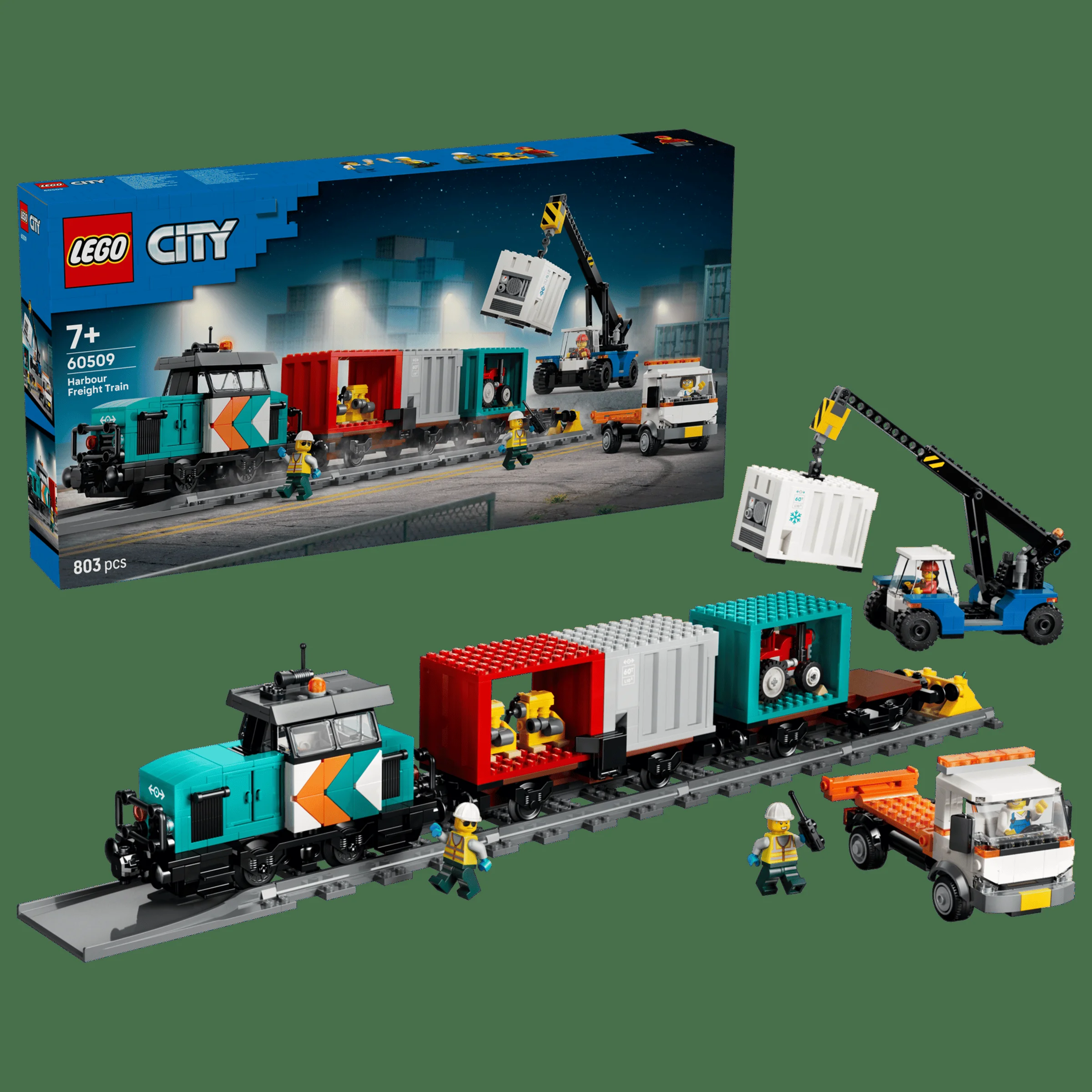 Imagine cu trenul de marfă din port și cutia produsului LEGO City 60509.