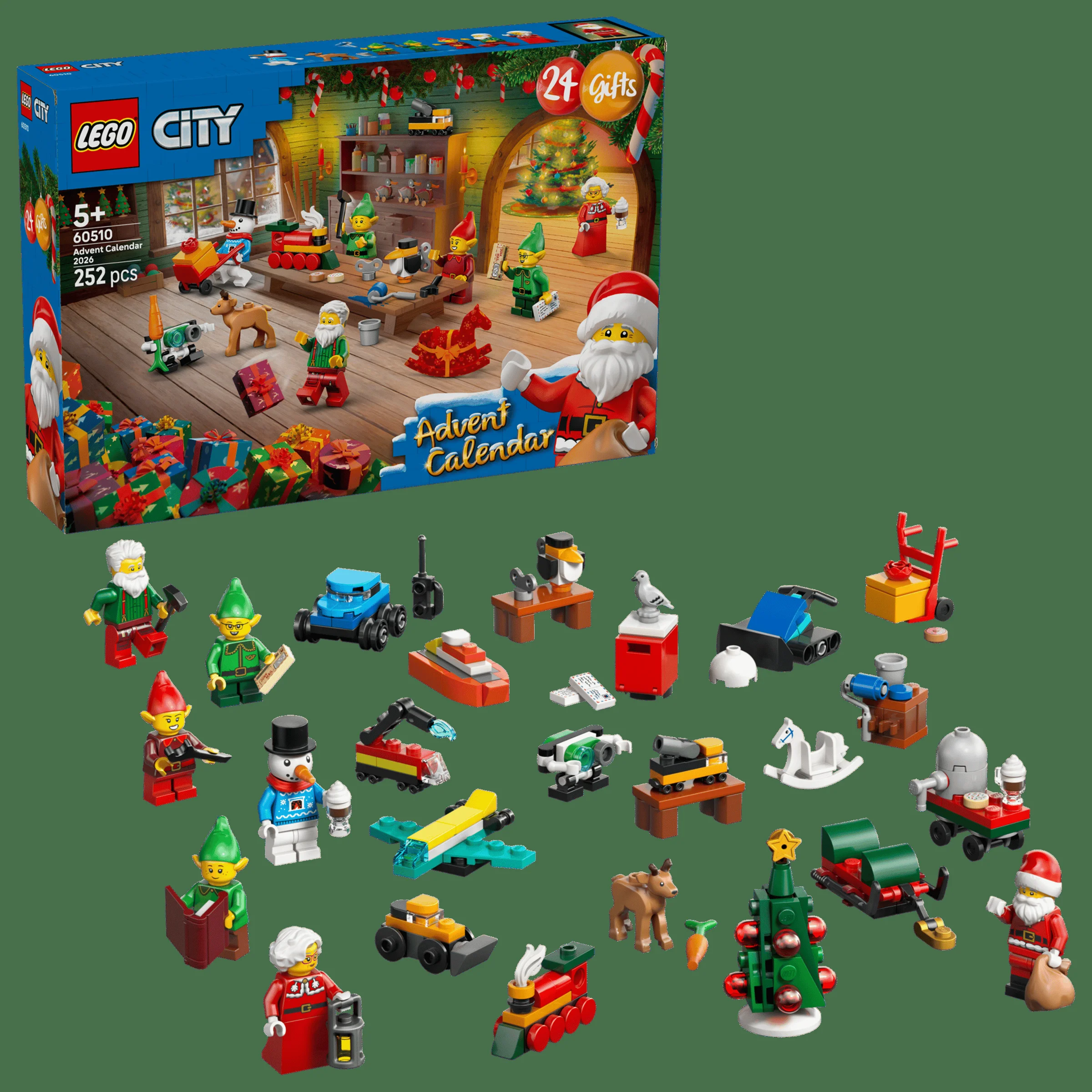 Imagine cu cutia LEGO City Advent Calendar 2026 și minifigurinele/construcțiile incluse.