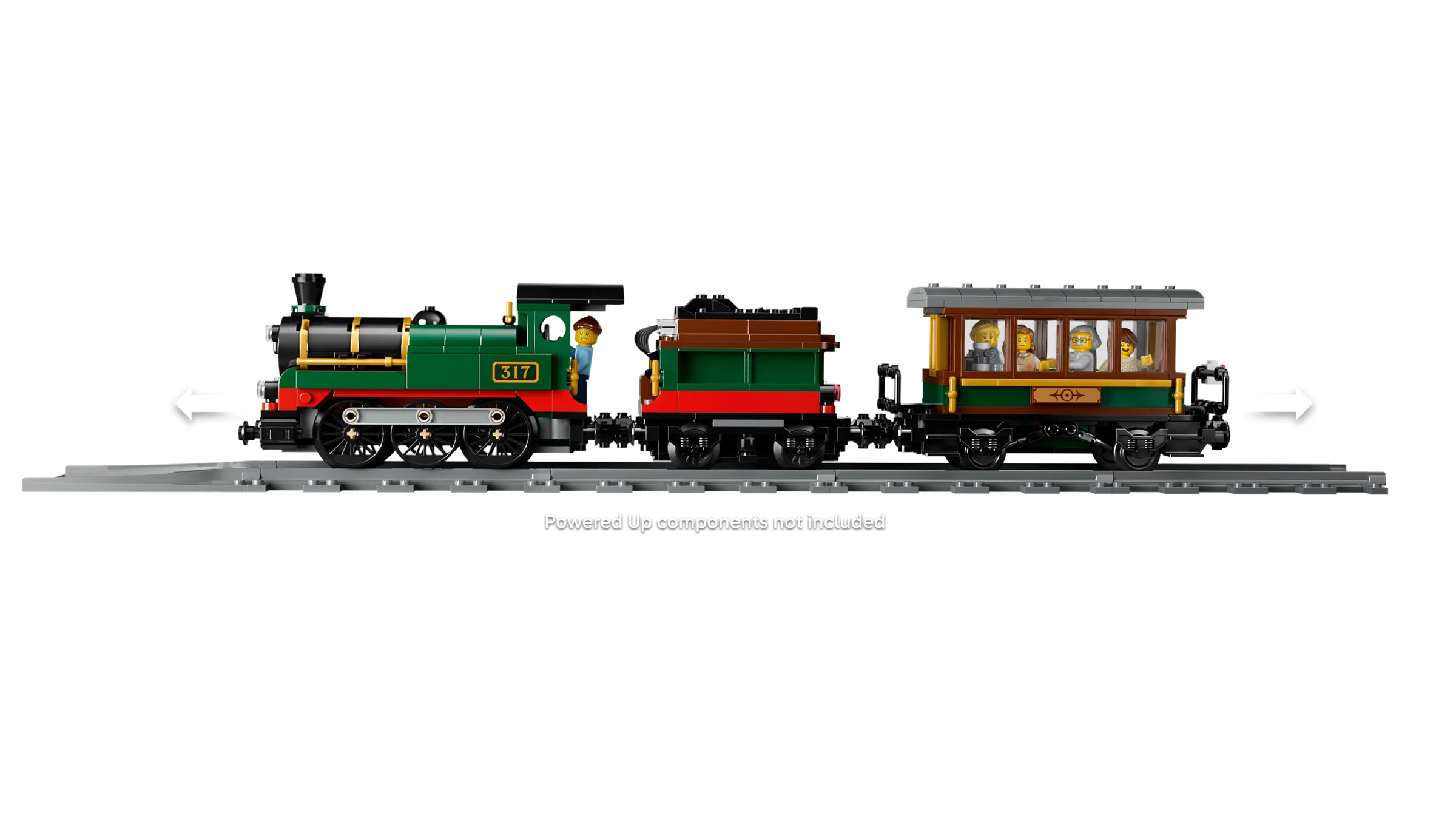 Trenul cu abur vintage 60511, cu locomotivă verde și vagon de pasageri cu minifigurine.