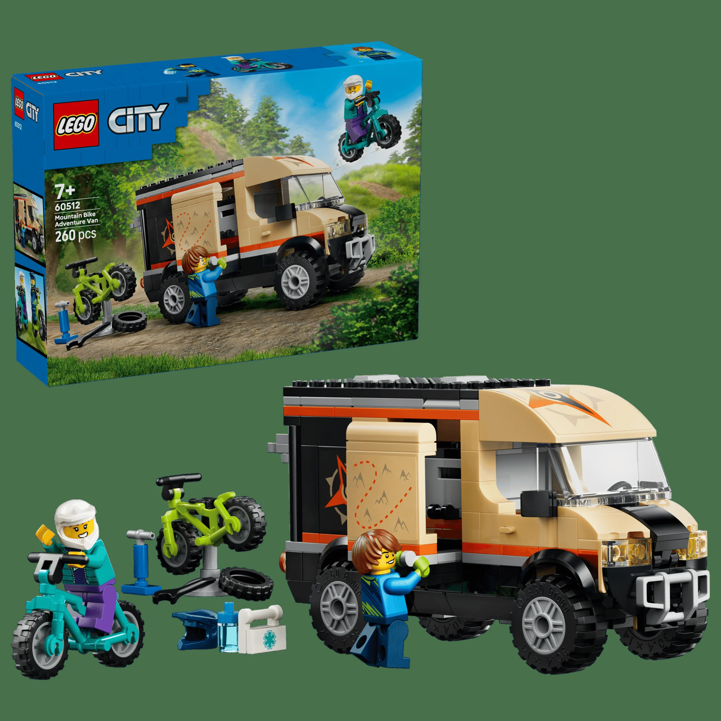 Imagine cu furgoneta de aventură și biciclete montane LEGO City 60512, cu minifigurine.