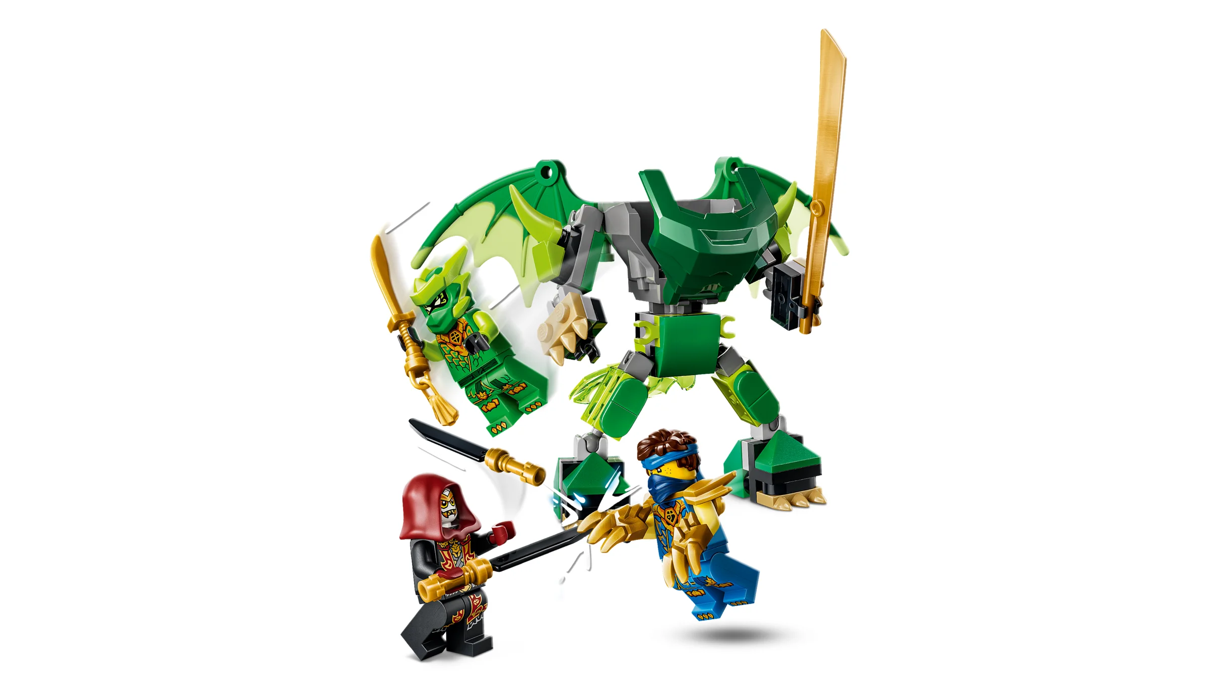 Imagine cu setul LEGO Ninjago 71862, bătălia cu dragonul-robot al lui Lloyd, cu minifigurine și efecte dinamice.