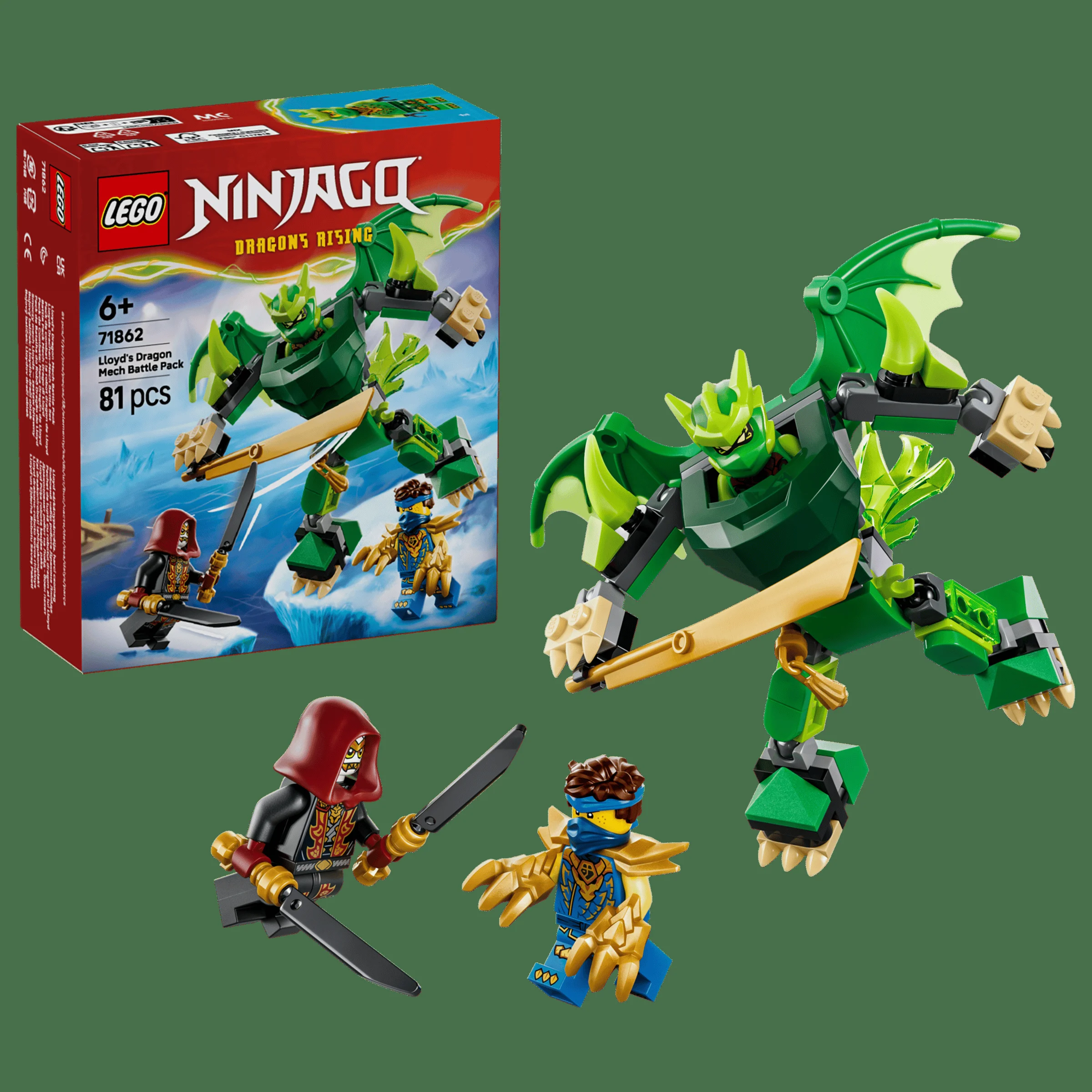 Imagine cu setul LEGO Ninjago 71862, ce include un mech dragon verde și două minifigurine.