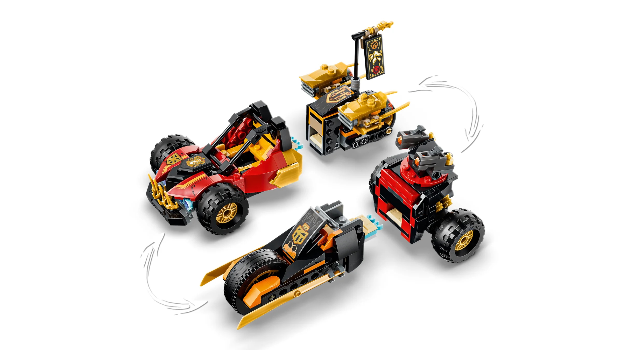 Imagine cu vehiculele LEGO Ninjago ale lui Kai și Cole, gata de combinat.