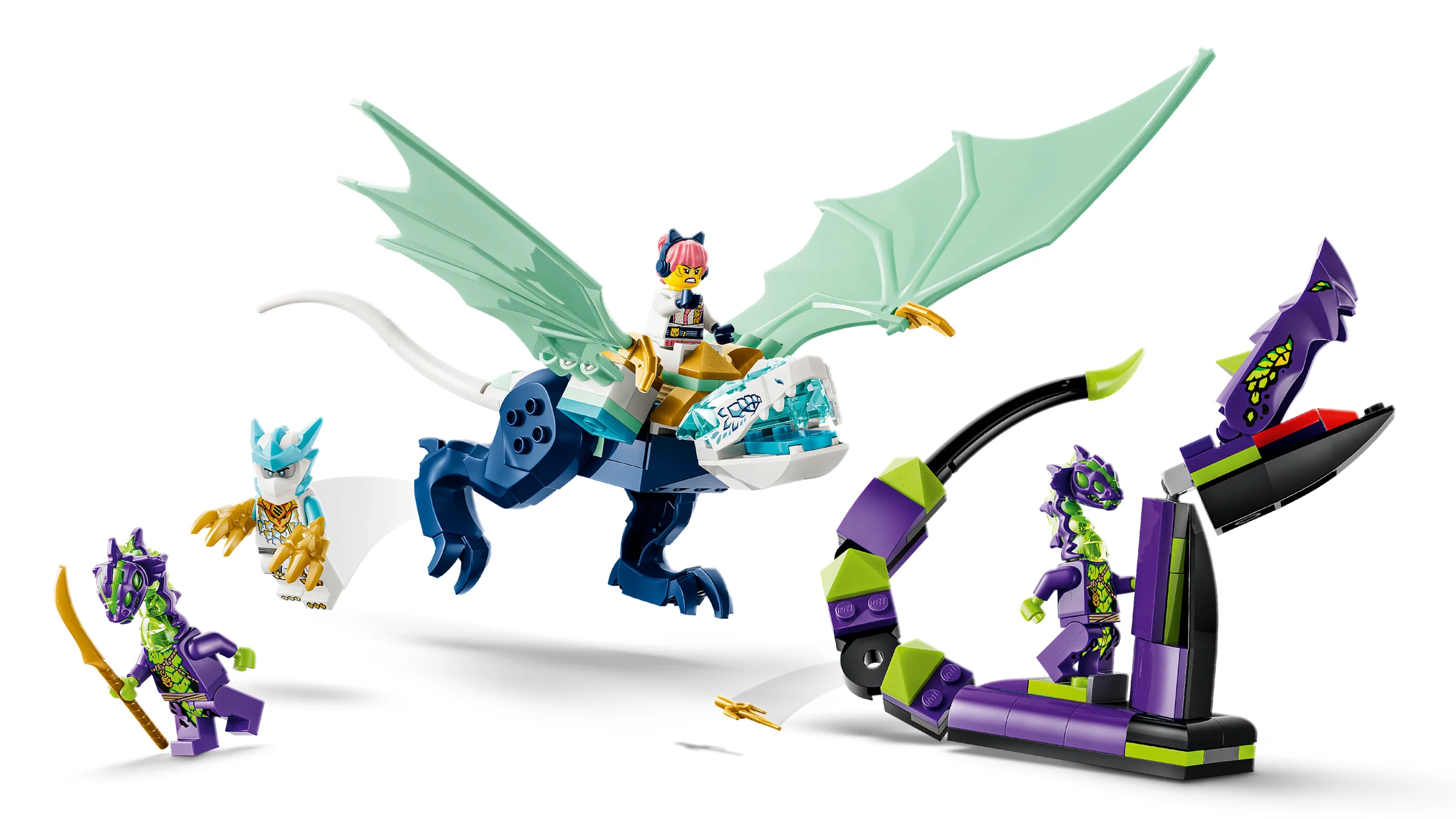 Imagine cu dragonul de gheață al lui Zane, set LEGO Ninjago 71865. Detalii despre minifigurine și funcții.