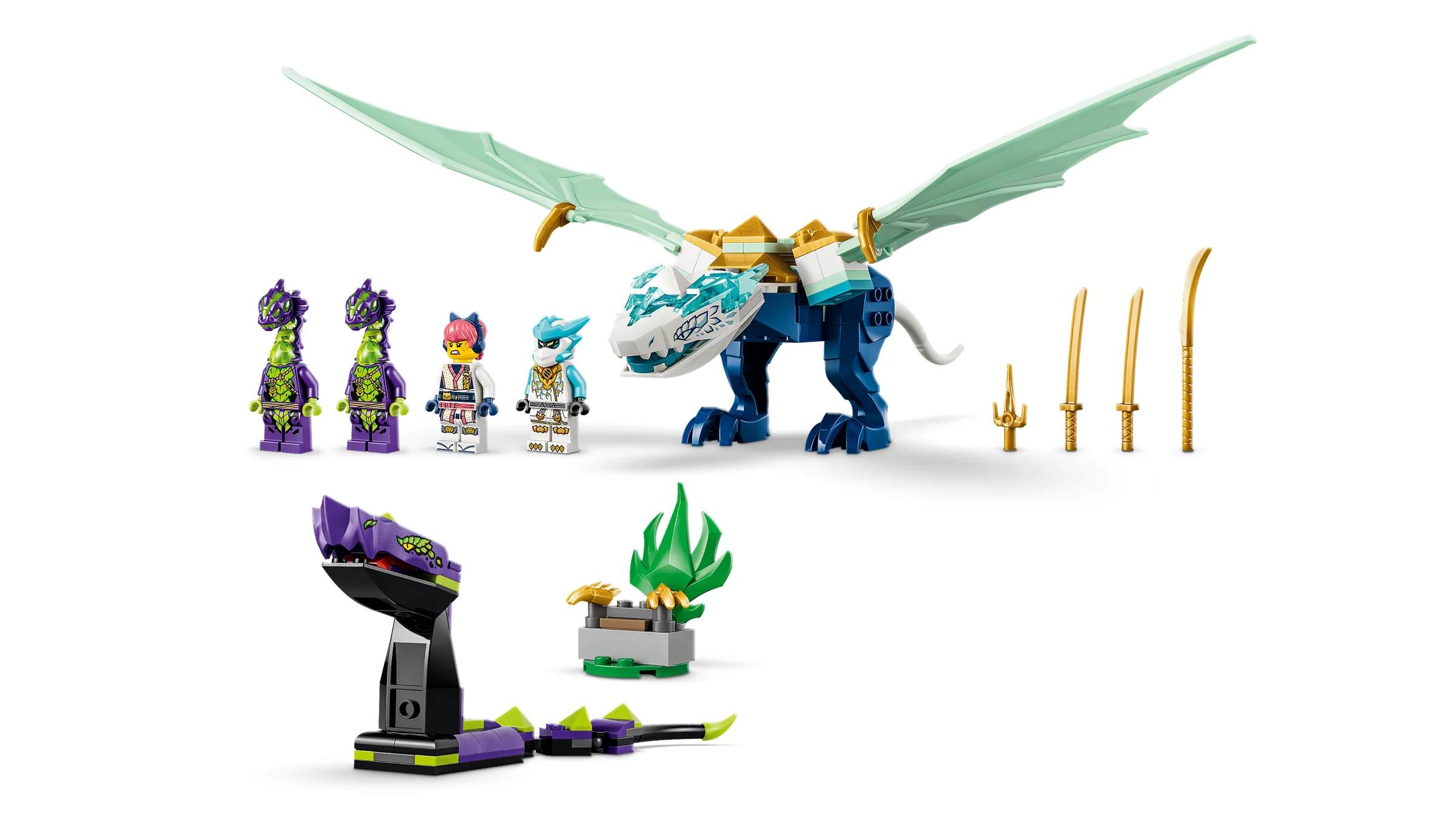 Set LEGO Ninjago 71865, Bătălia dragonului de gheață a lui Zane. Include minifigurine și detalii ale modelului.
