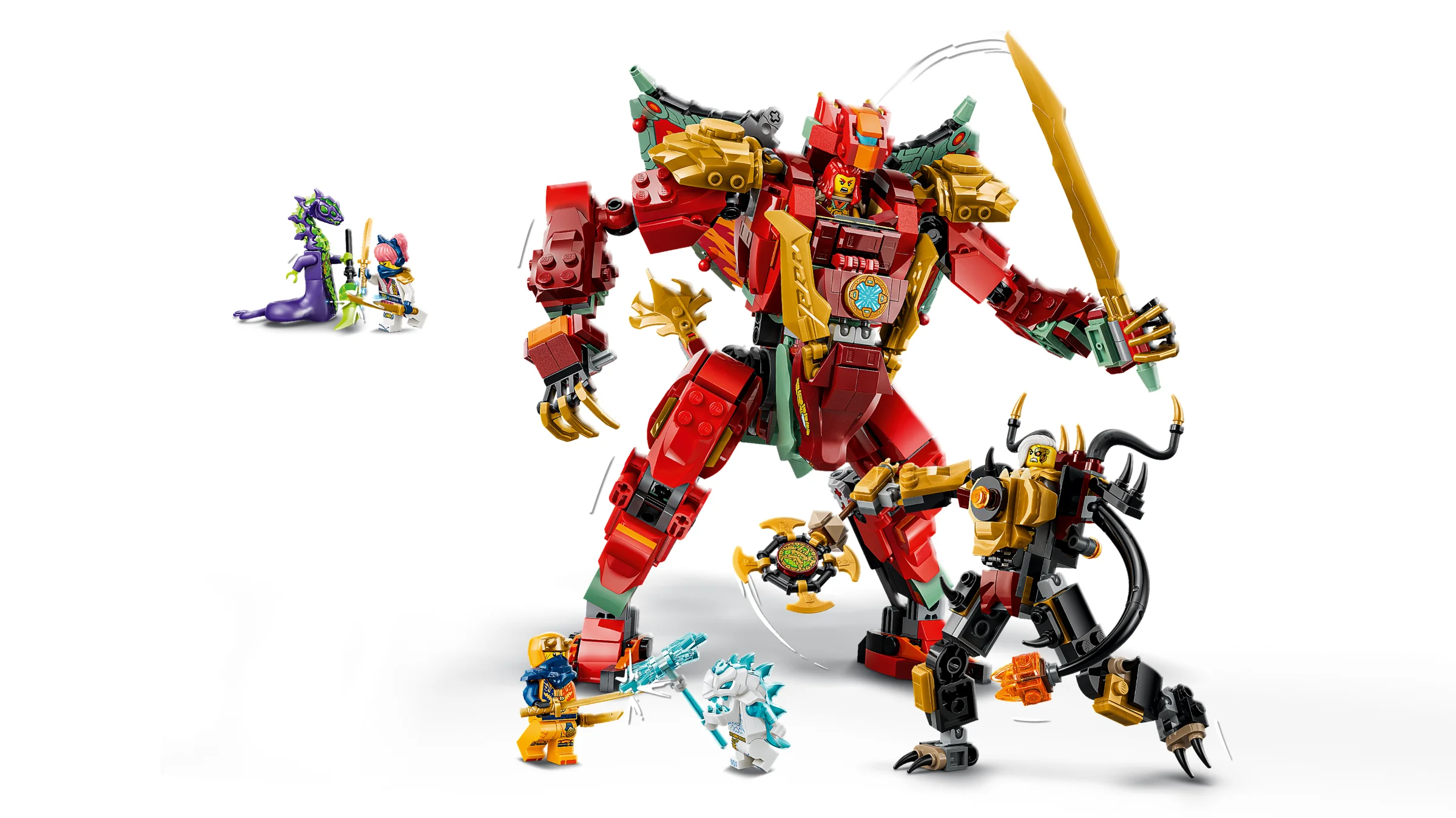 Imagine cu robotul dragon transformator Wyldfyre și minifigurinele Ninjago incluse.