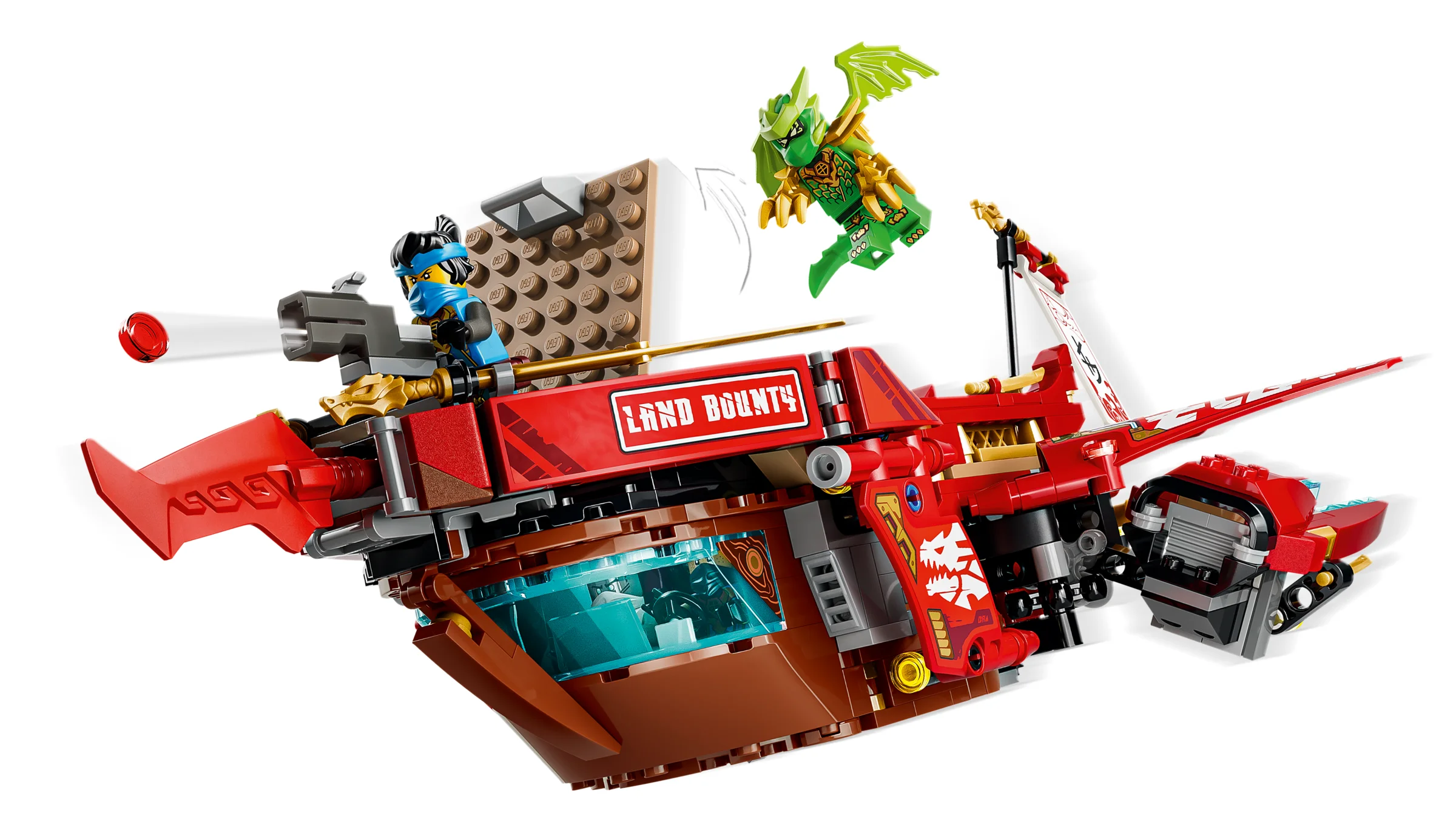 Imagine cu Land Bounty, vehiculul ninja, cu minifigurinele Jay și dragon. Model detaliat și funcțional.