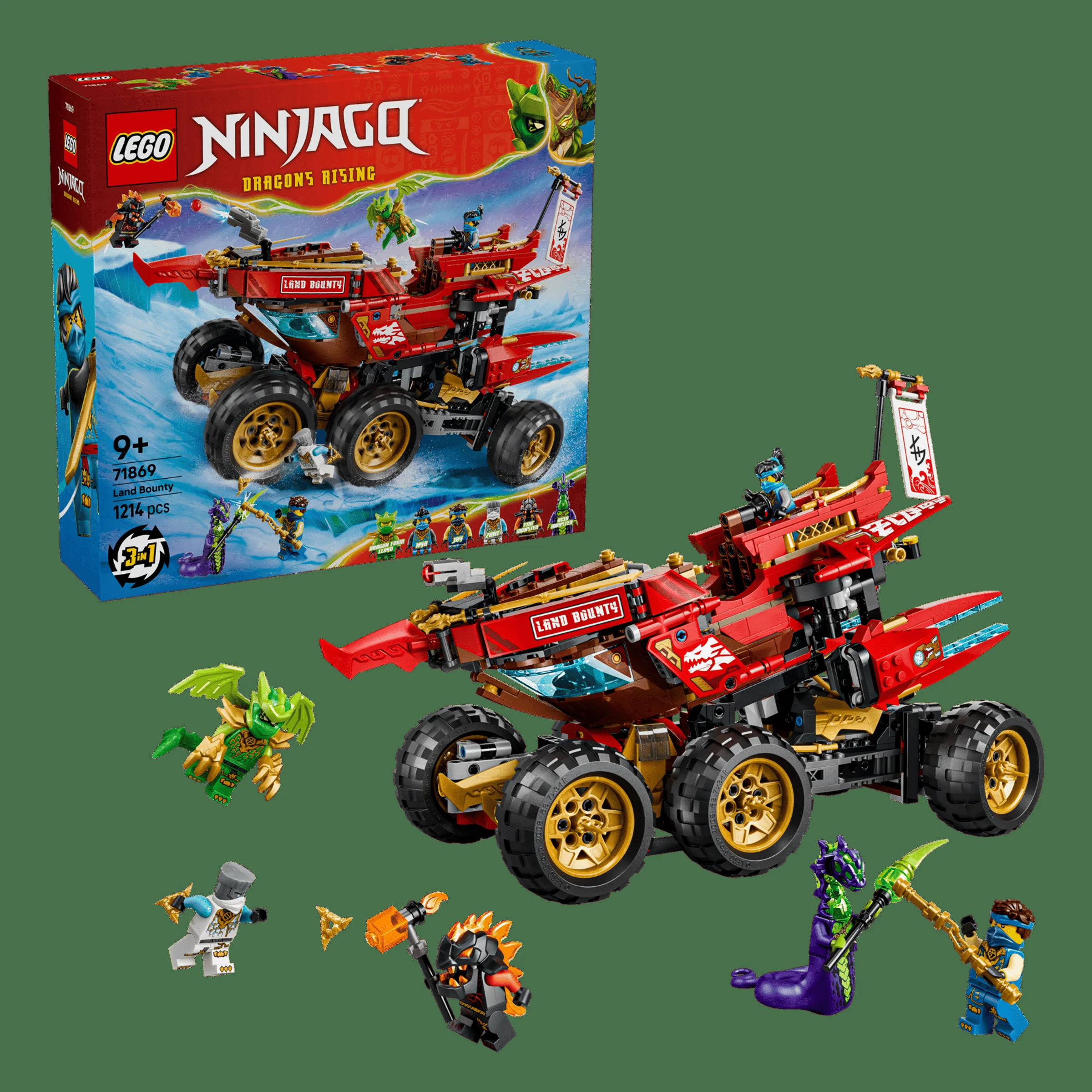 Imagine cu setul LEGO 71869 Land Bounty și cutia, cu minifigurinele incluse.