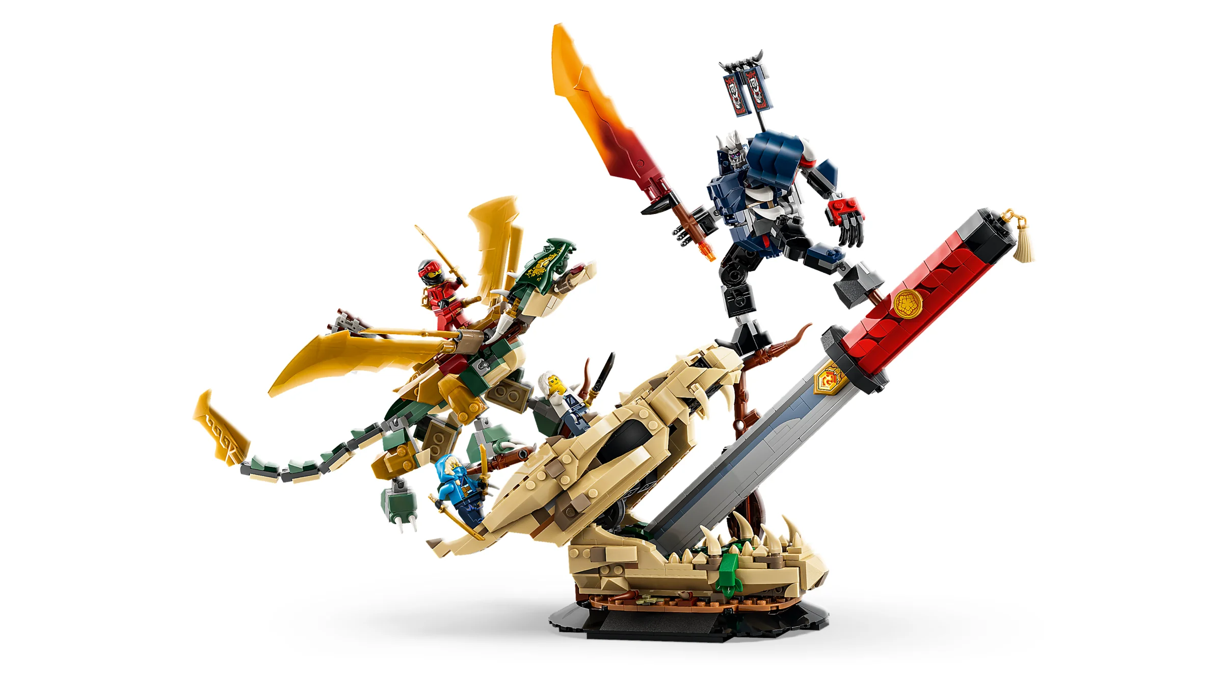 Imagine cu setul LEGO Ninjago 71871, Bătălia la Lama Dragonului. Conține minifigurine și detalii ale modelului.
