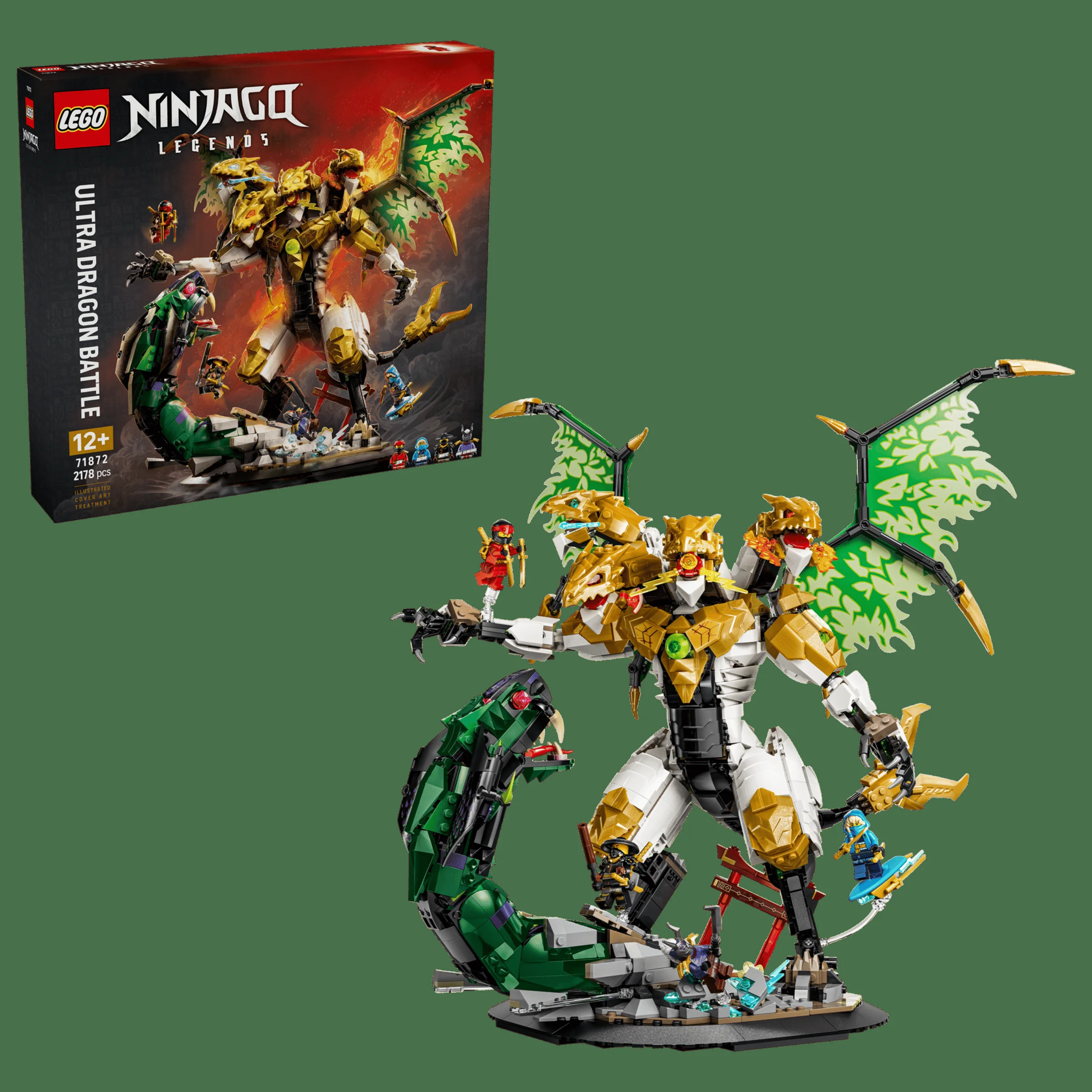 Imagine cu setul LEGO 71872 Ultra Dragon Battle, cu dragonul și cutia setului. 