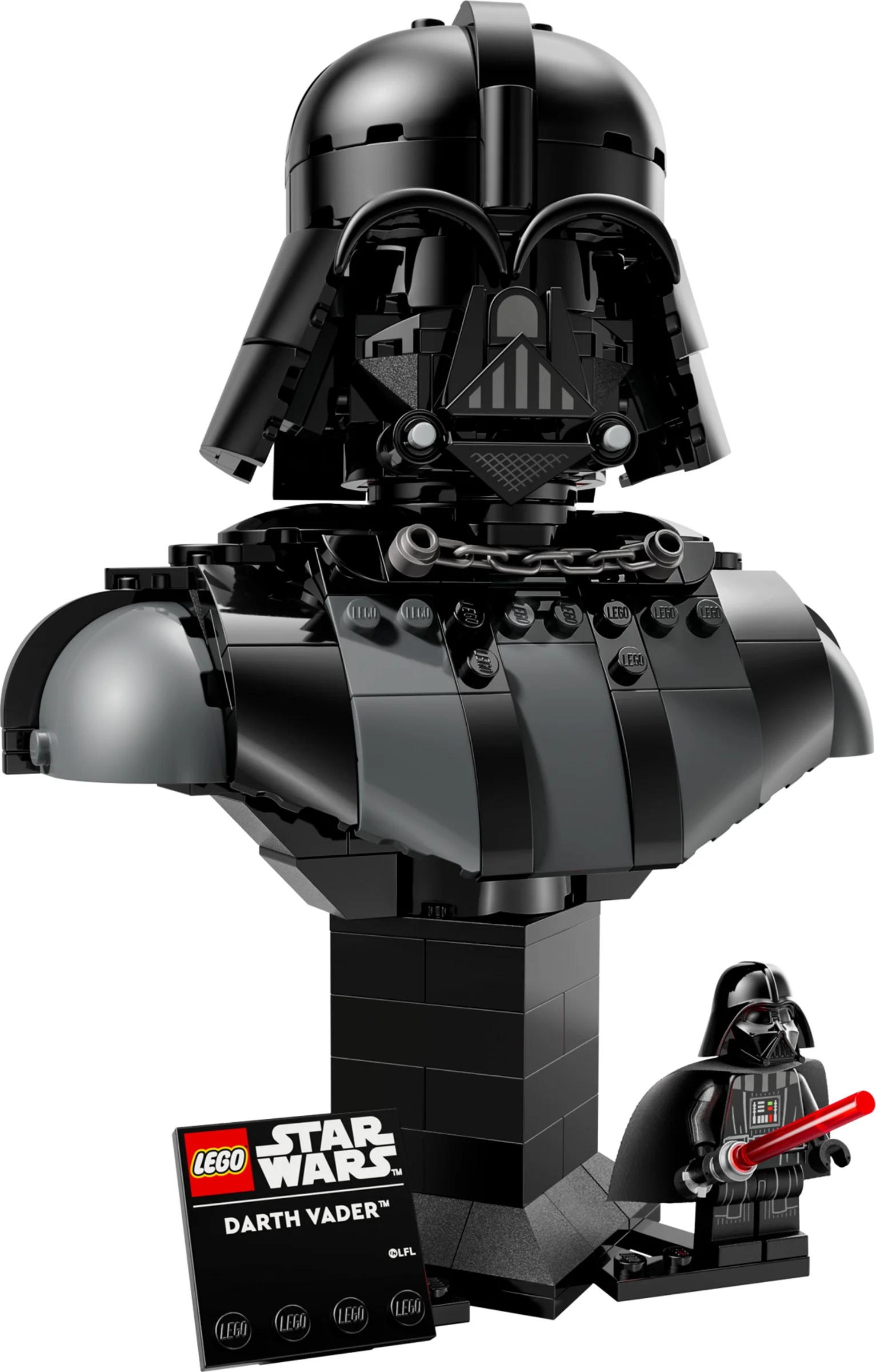 Imagine cu bustul LEGO Darth Vader și minifigurina, un model detaliat și impresionant.