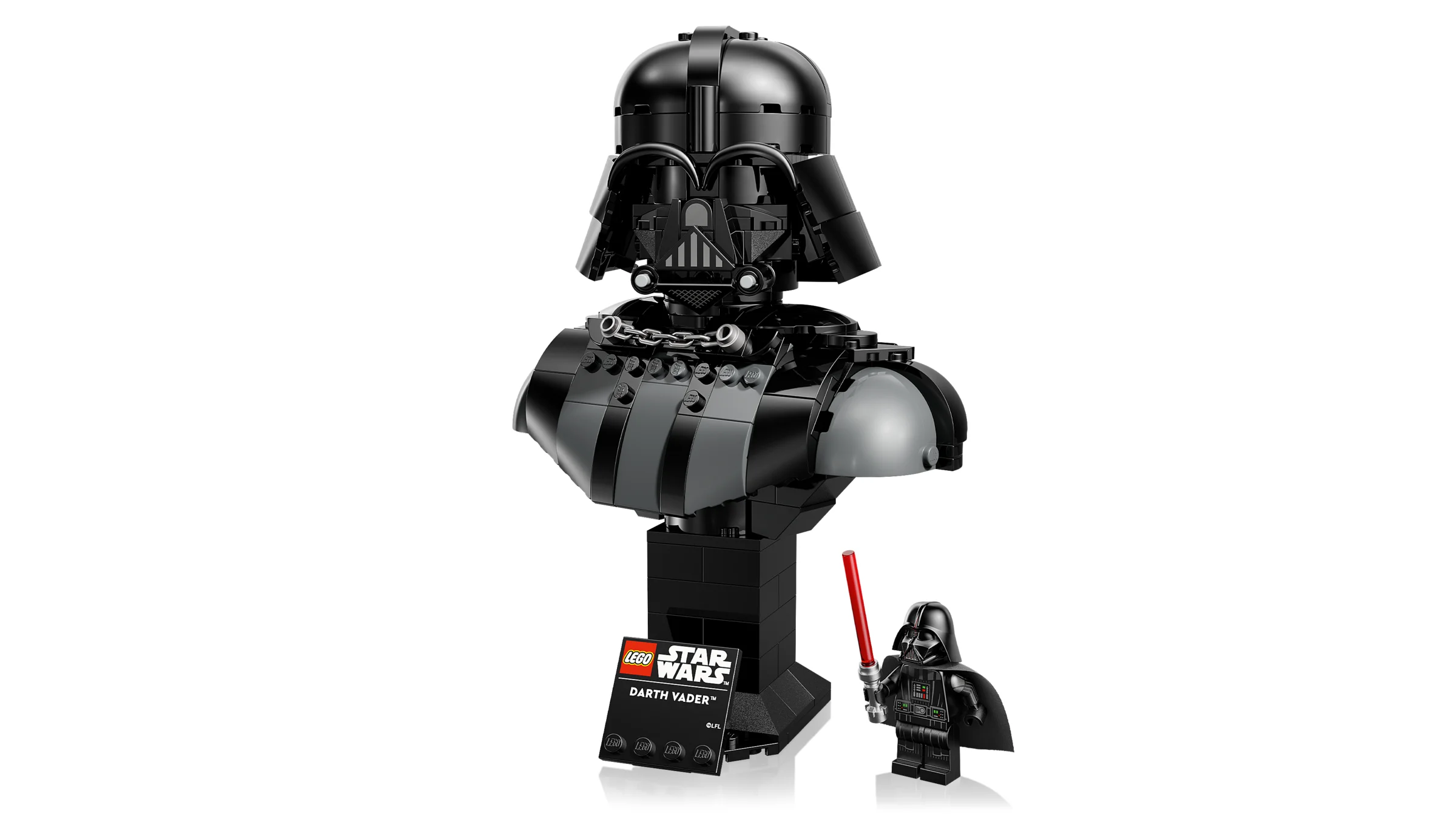 Bustul LEGO Darth Vader și minifigurina, detaliat și impresionant.
