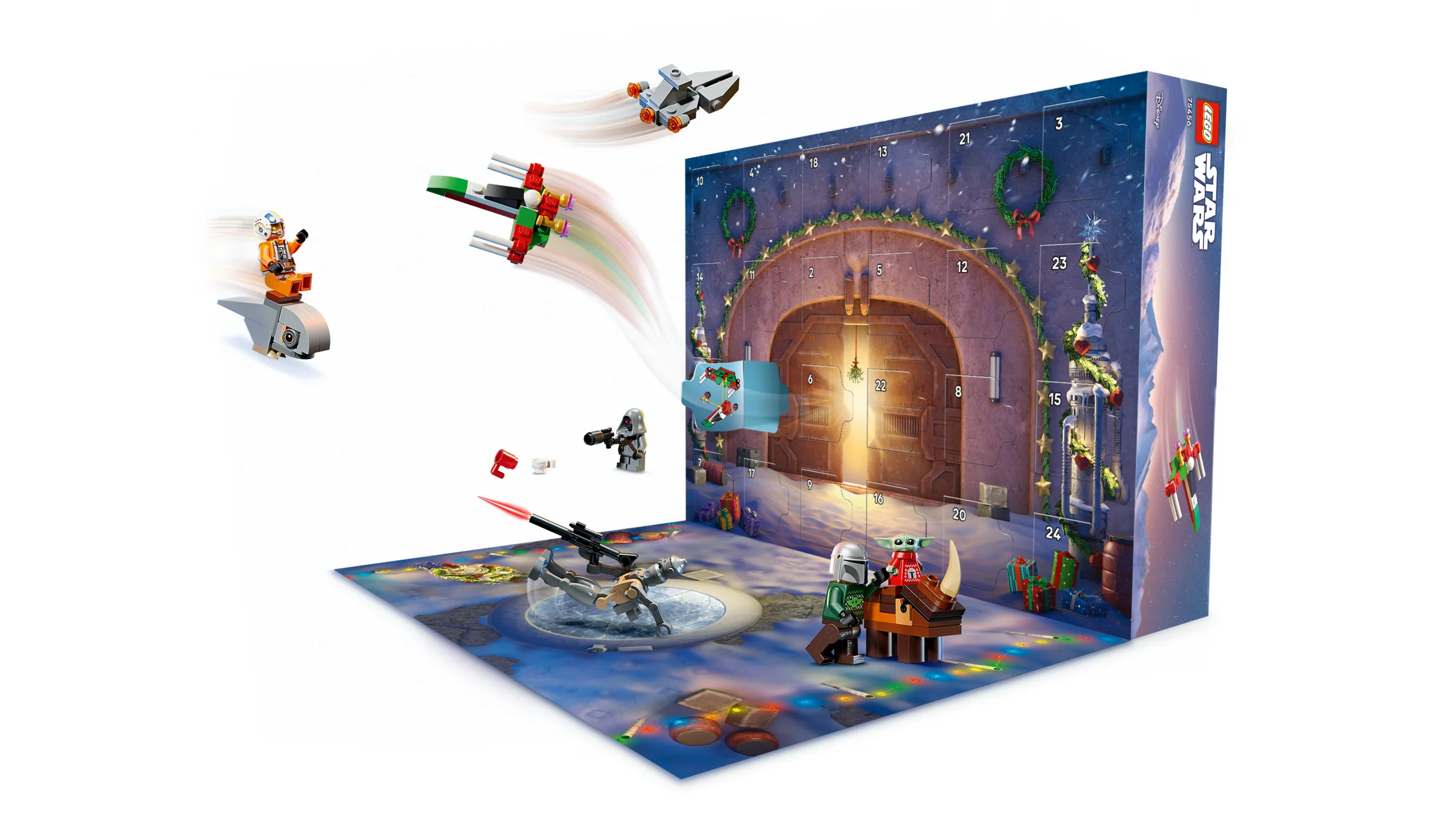 Imagine cu calendarul de advent LEGO Star Wars 2026, deschis, cu minifigurine și mini-construcții.
