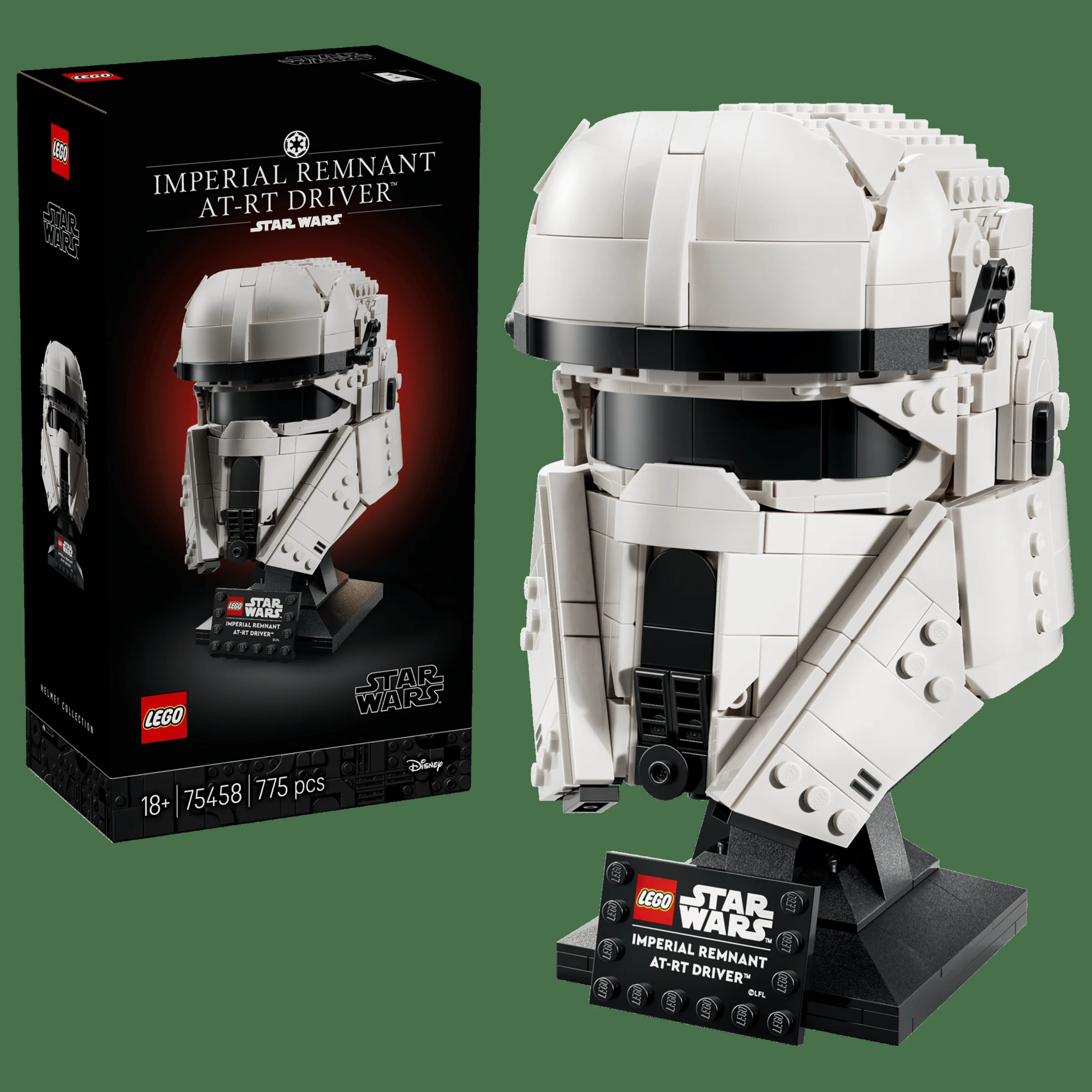 Imagine cu casca Imperial Remnant AT-RT Driver și cutia produsului. Detalii ale construcției LEGO Star Wars.