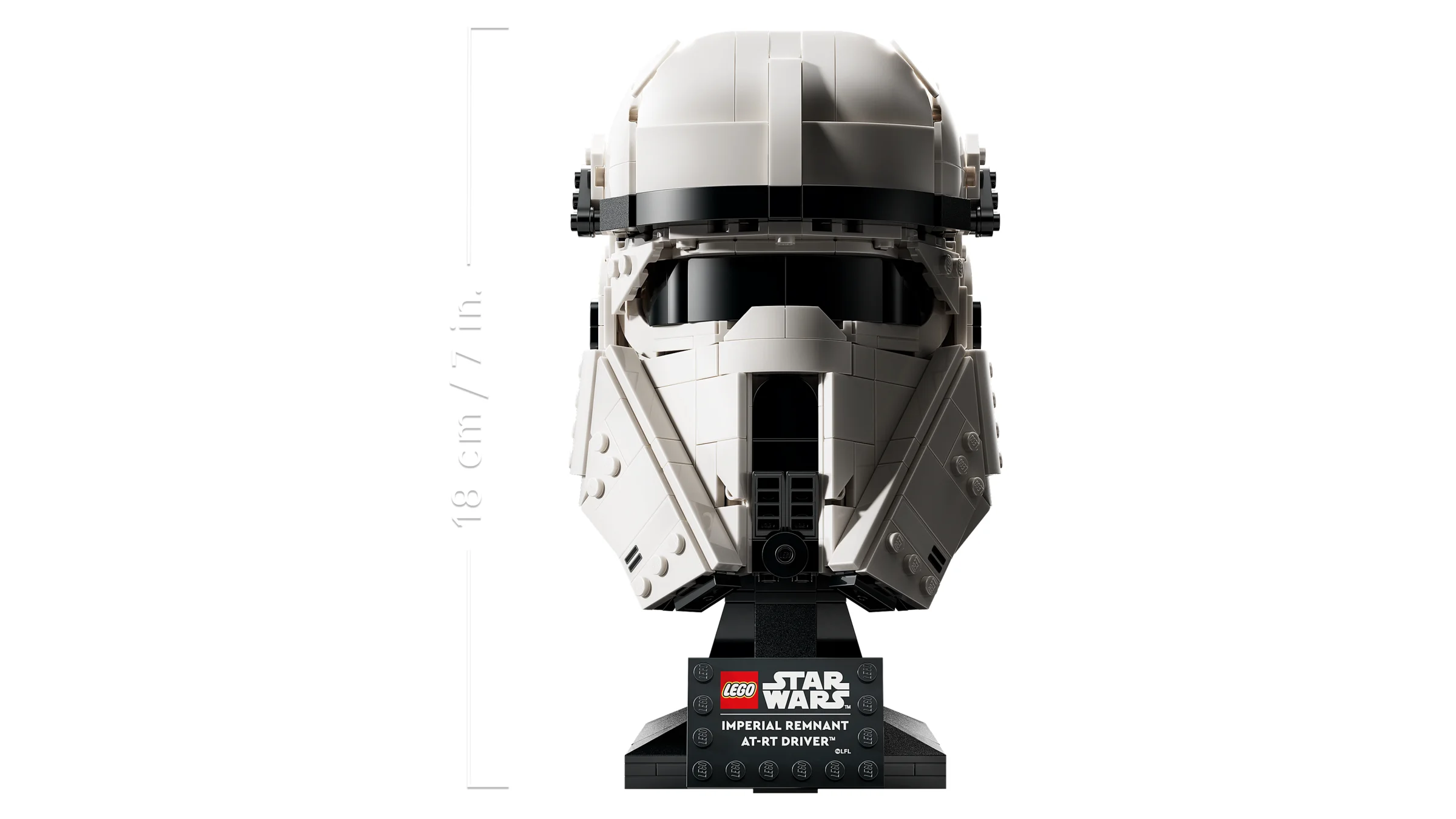 Casca Imperial Remnant AT-RT Driver, model detaliat din cărămizi LEGO. Dimensiuni vizibile.