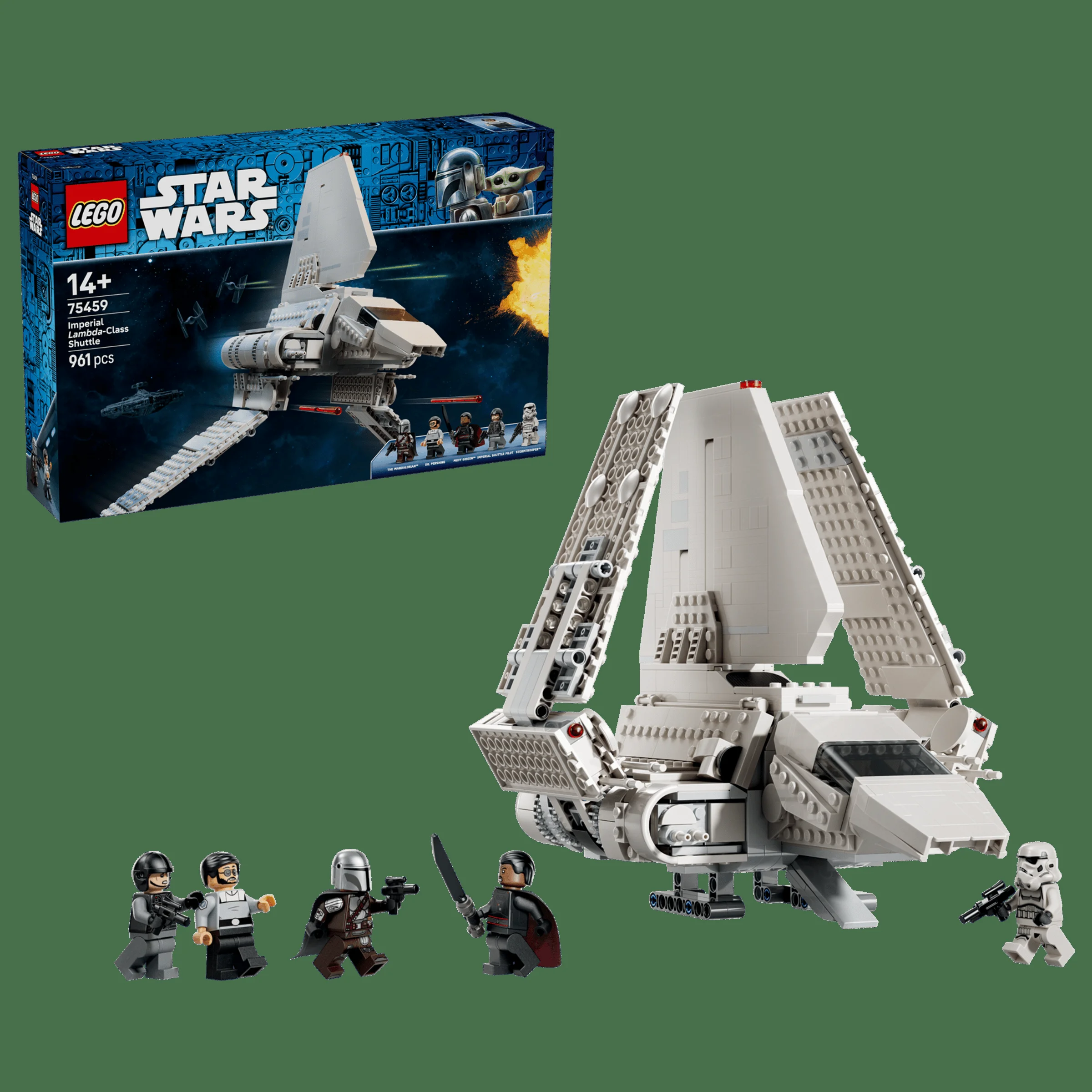 Imagine cu naveta Lambda și cutia setului LEGO Star Wars 75459. Include minifigurinele.