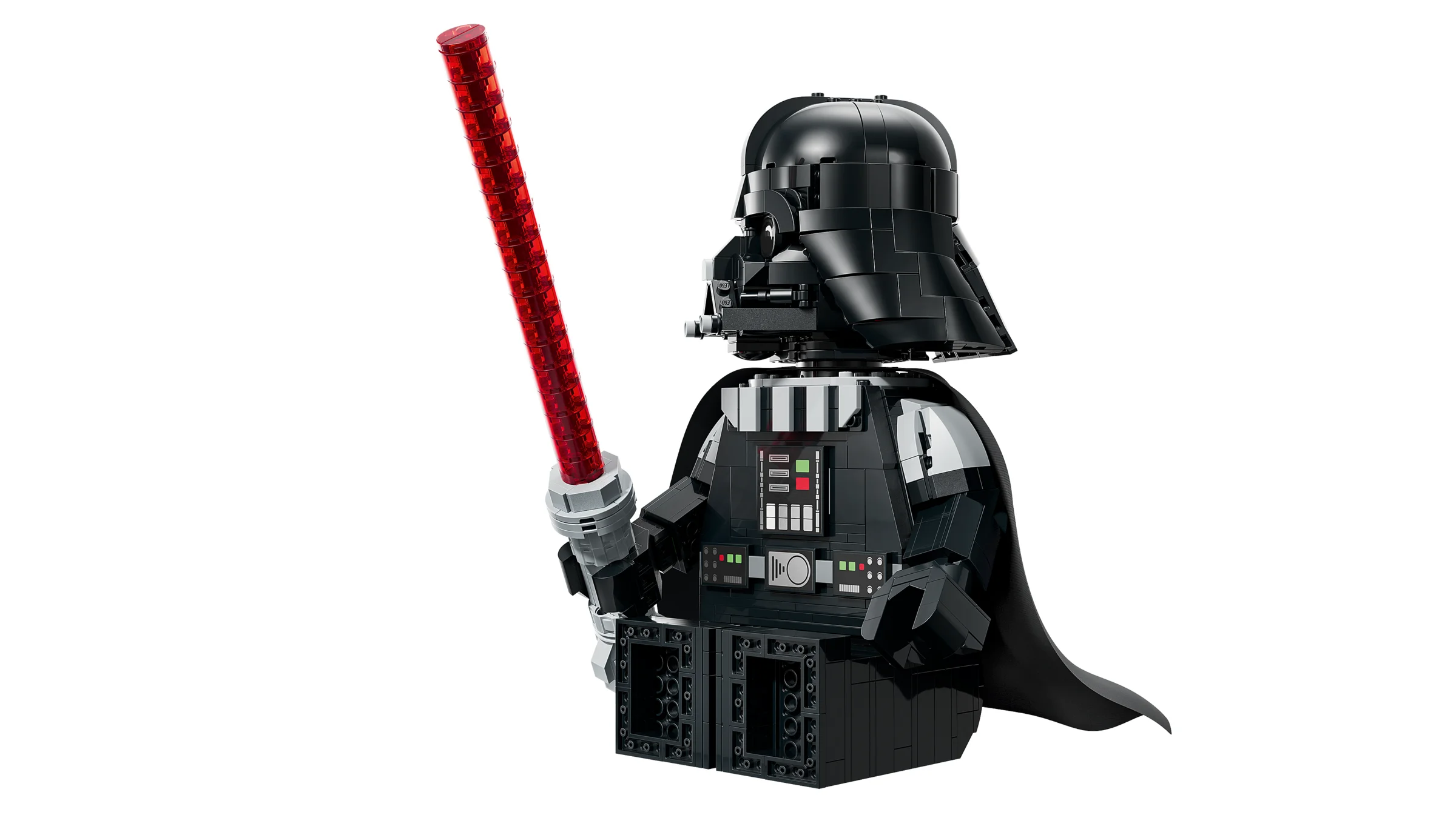 Darth Vader LEGO mărit, cu sabie laser roșie. O construcție detaliată, ideală pentru fani.