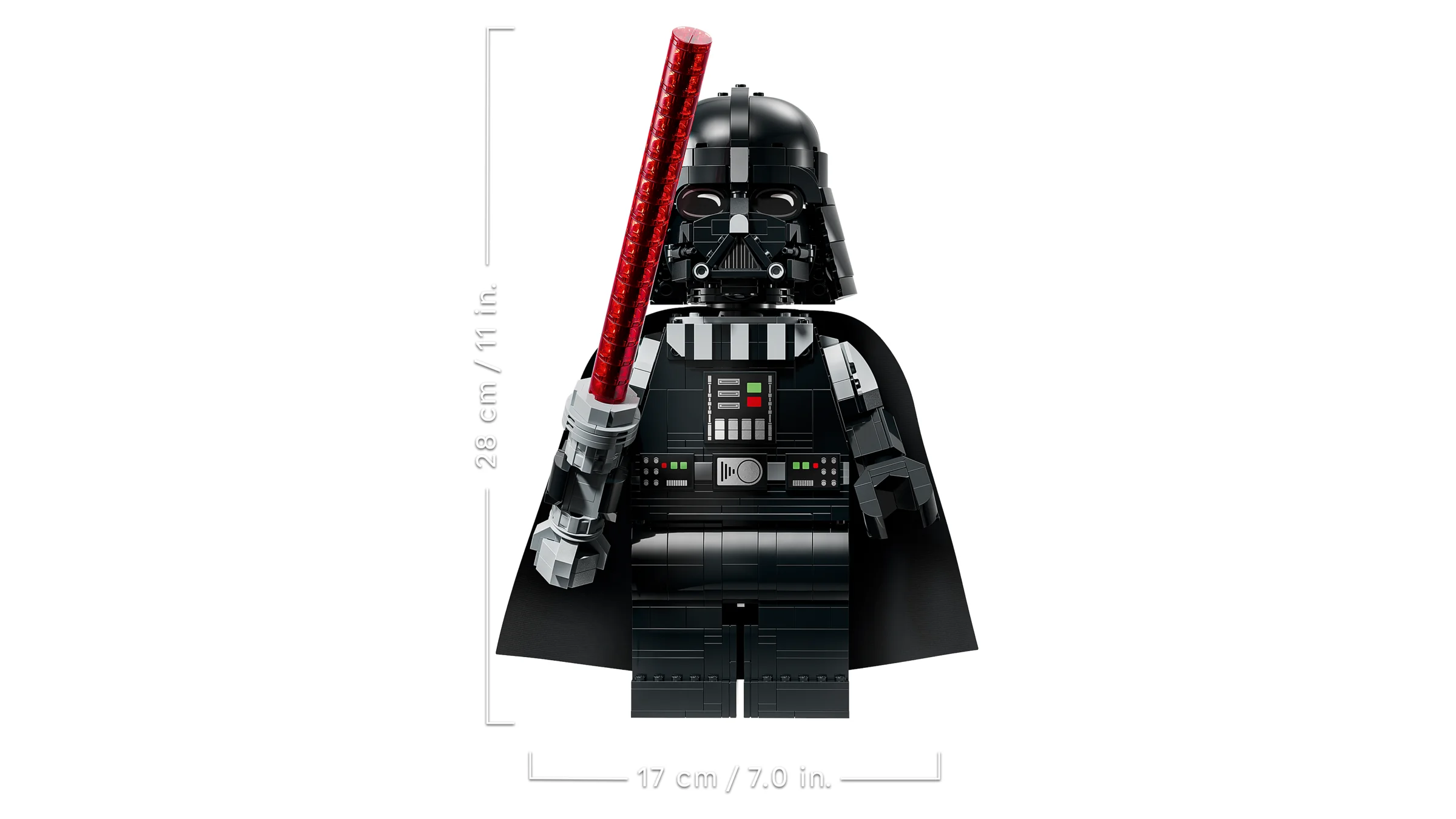 Figurină LEGO Darth Vader, măsoară 28 cm înălțime și 17 cm lățime.