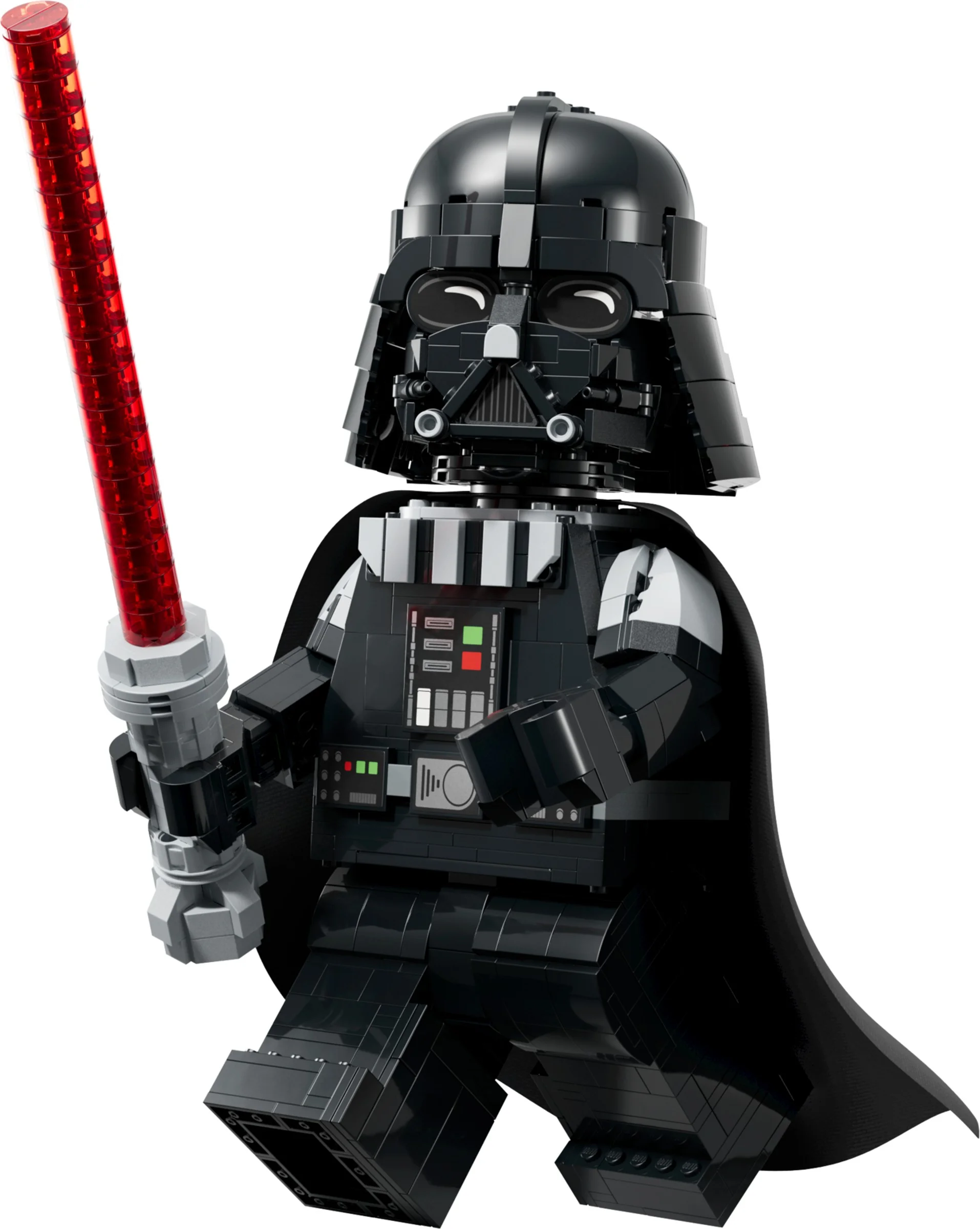 O imagine cu minifigurina LEGO mărită a lui Darth Vader, cu o sabie laser roșie.