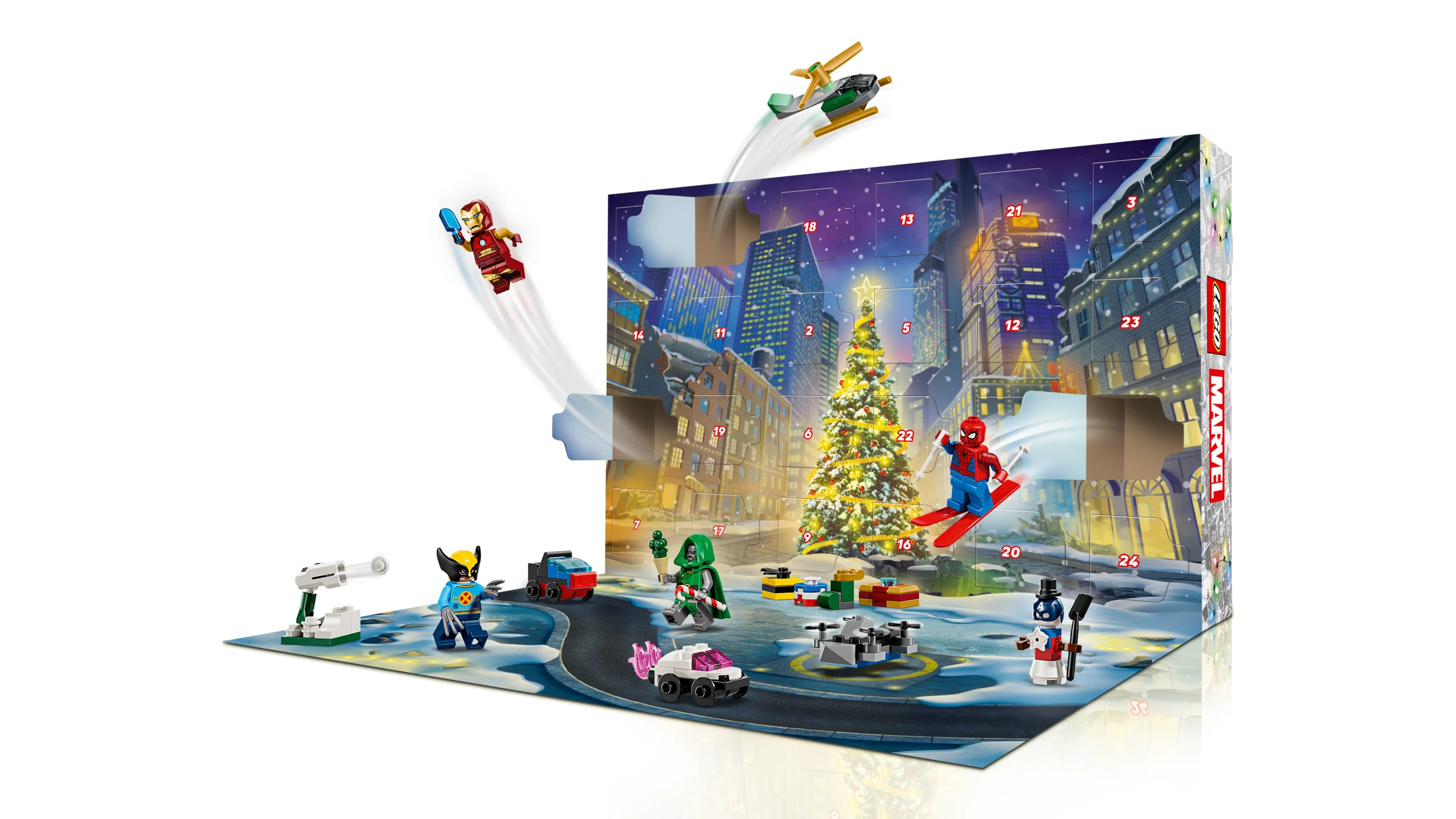Calendarul de Advent LEGO Marvel 2026 deschis, arătând minifigurine și construcții mici.