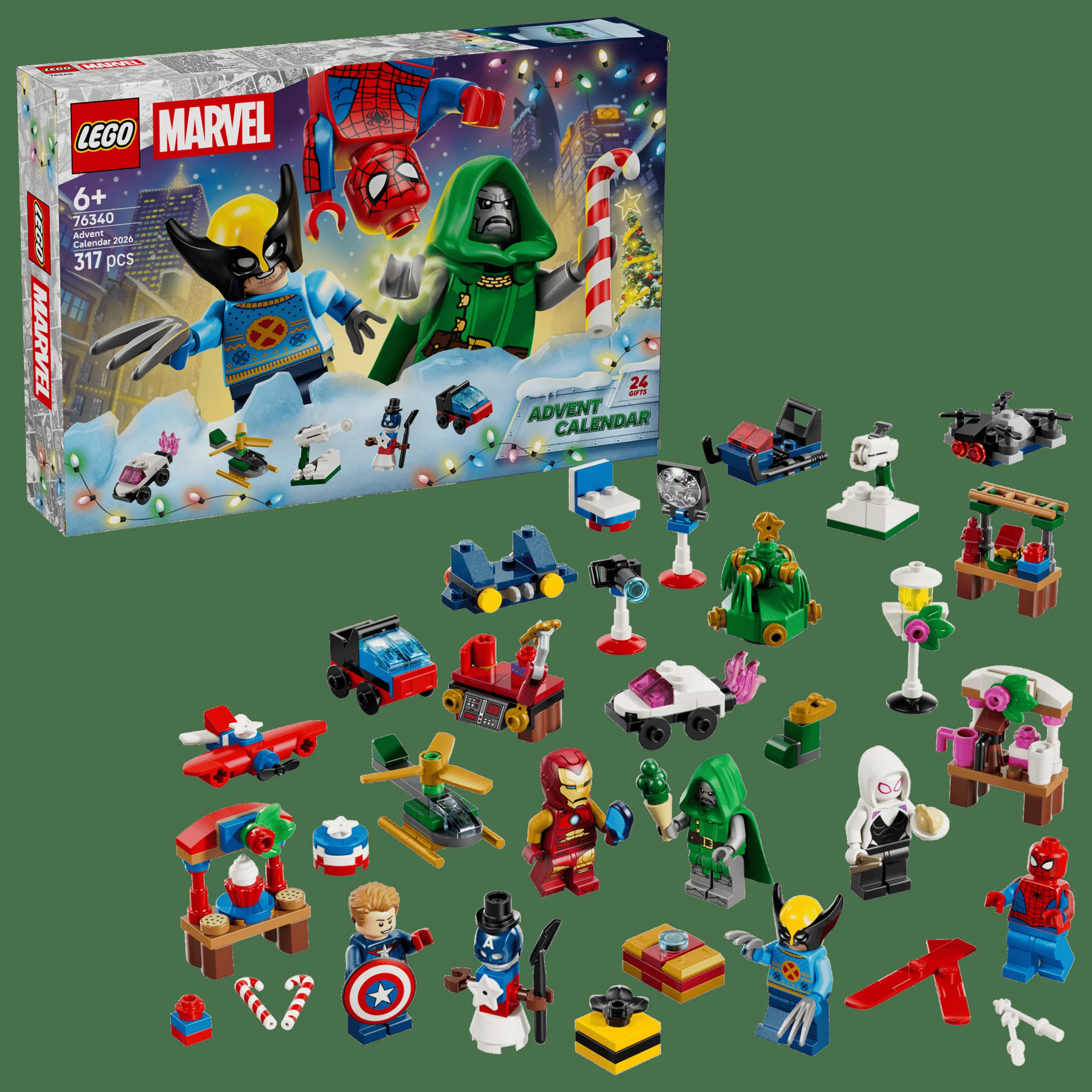 Imagine cu cutia LEGO Marvel Advent Calendar 2026 și mini-construcții, sărbătorând Crăciunul cu supereroi.