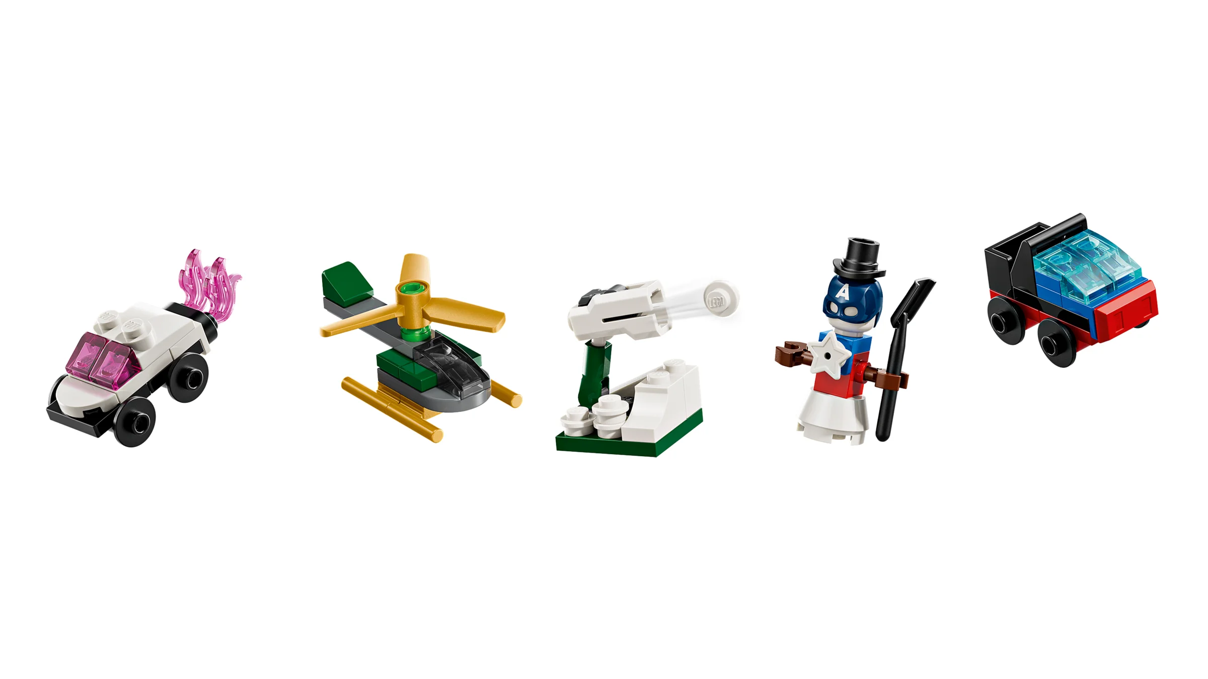 Prezentare cu diverse mini-construcții LEGO din setul Calendarului Advent Marvel 2026.