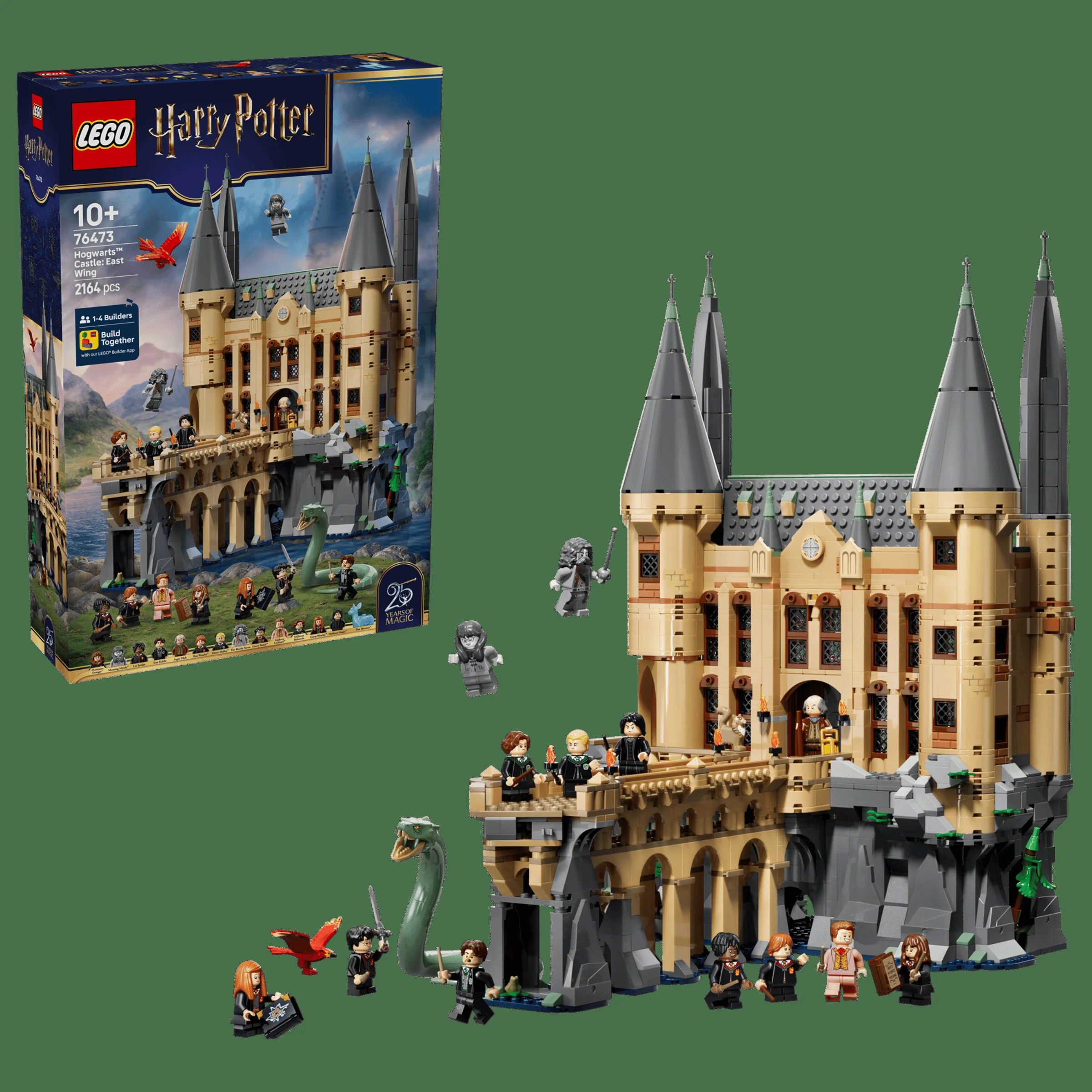 Imagine cu setul LEGO 76473 Hogwarts Castle: East Wing și cutia acestuia. Include minifigurine și detalii ale castelului.
