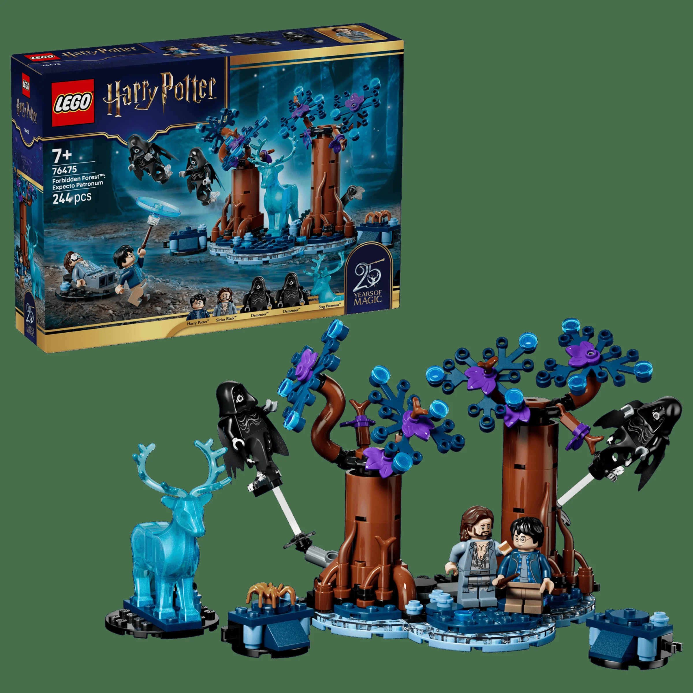 Setul LEGO 76475 Pădurea Interzisă: Expecto Patronum. Include minifigurine și pădurea.