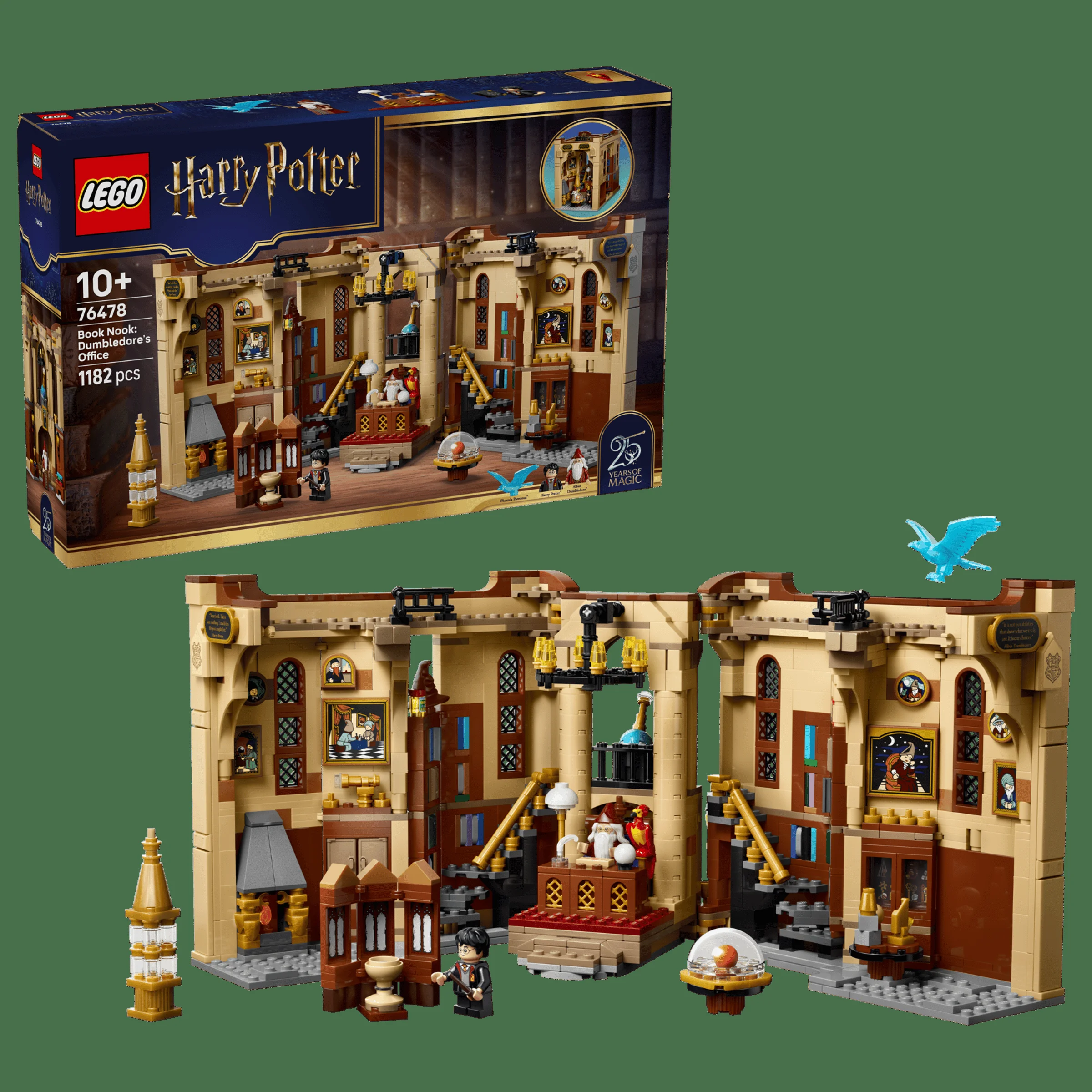 Imagine cu cutia și modelul LEGO Dumbledore's Office (76478), o diorama detaliată a biroului lui Dumbledore.