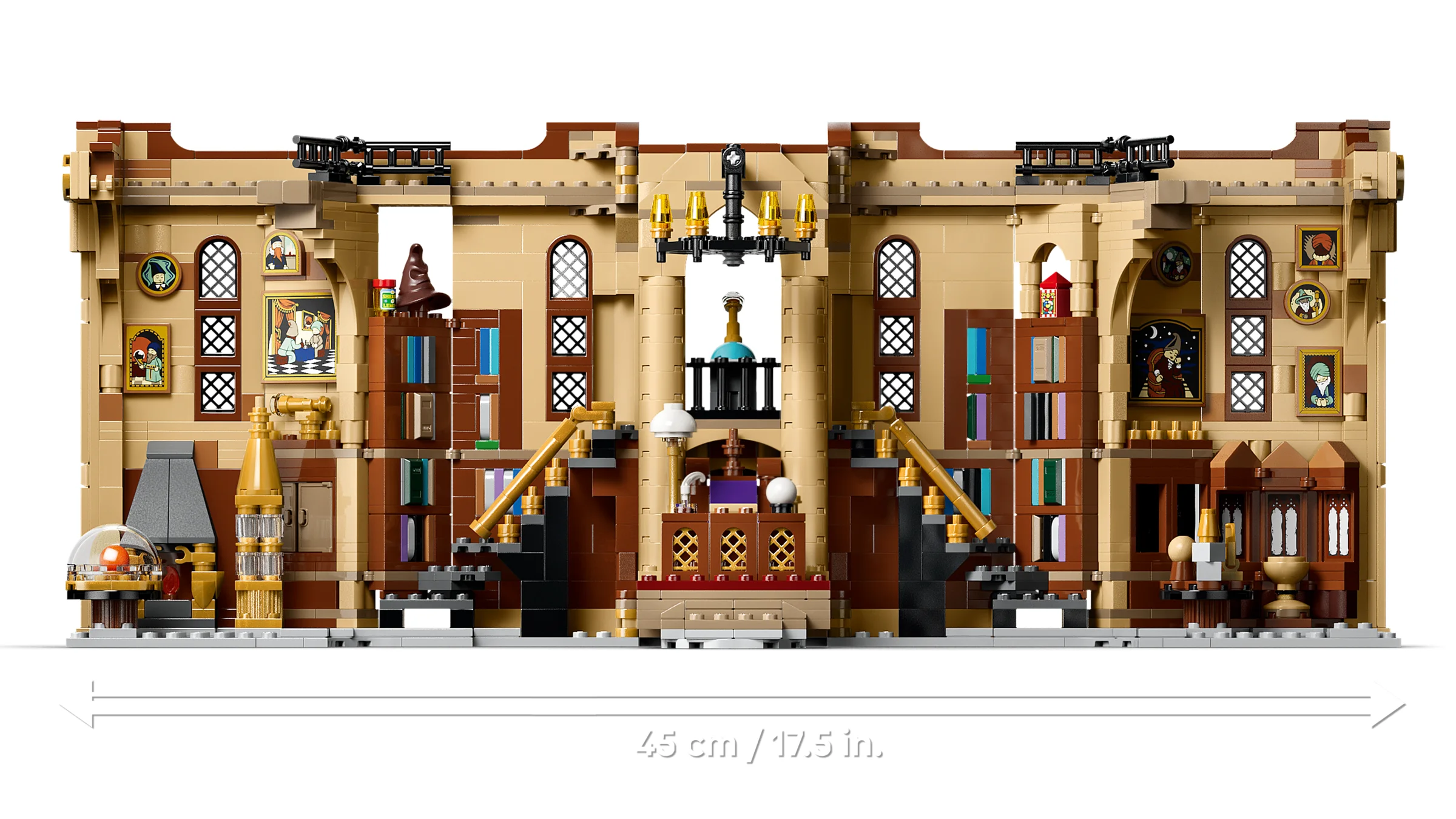 O imagine detaliată a biroului lui Dumbledore, ca un colț de carte LEGO, plin de detalii magice.