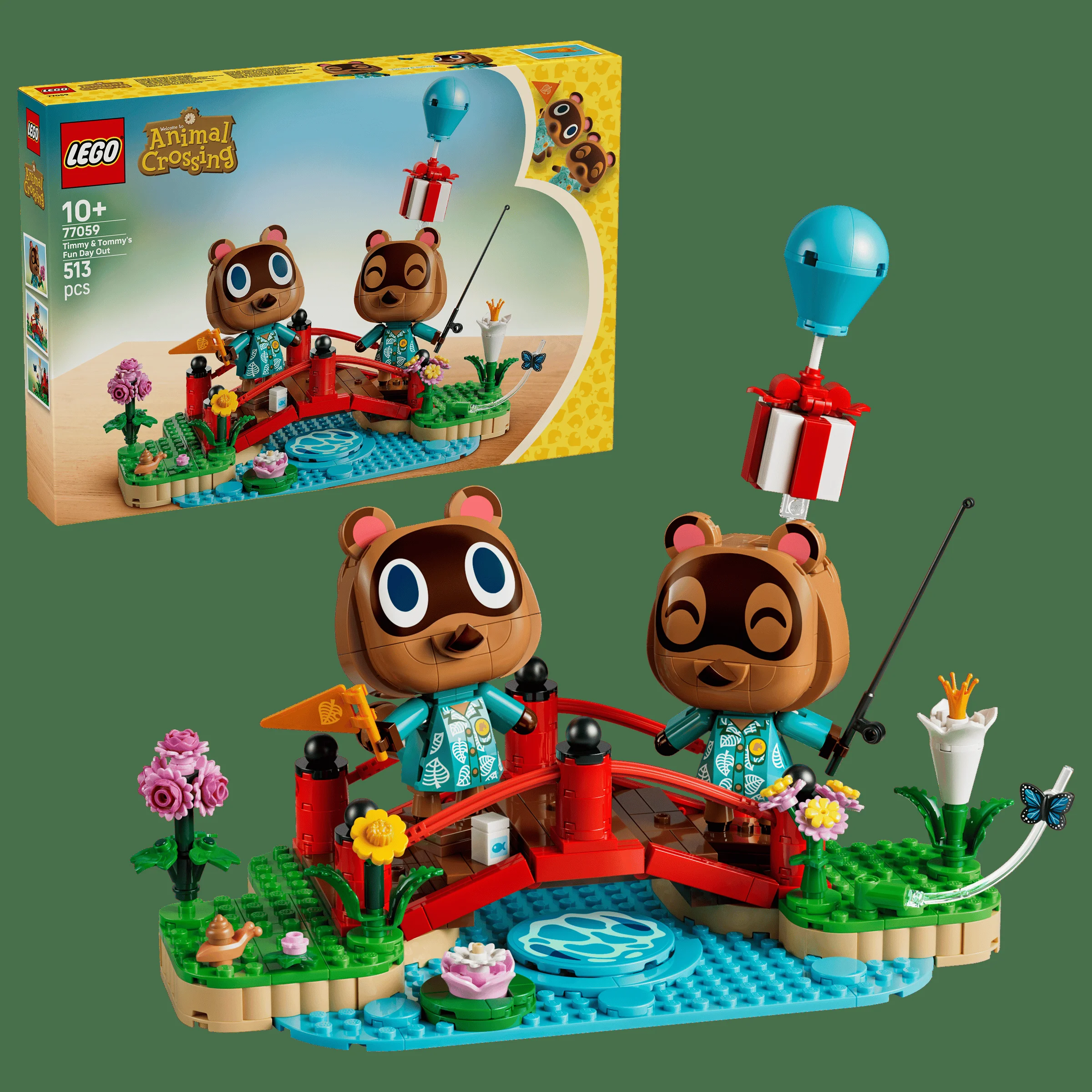 Setul LEGO Animal Crossing 77059 prezintă pe Timmy și Tommy la pescuit, cu o cutie alăturată.