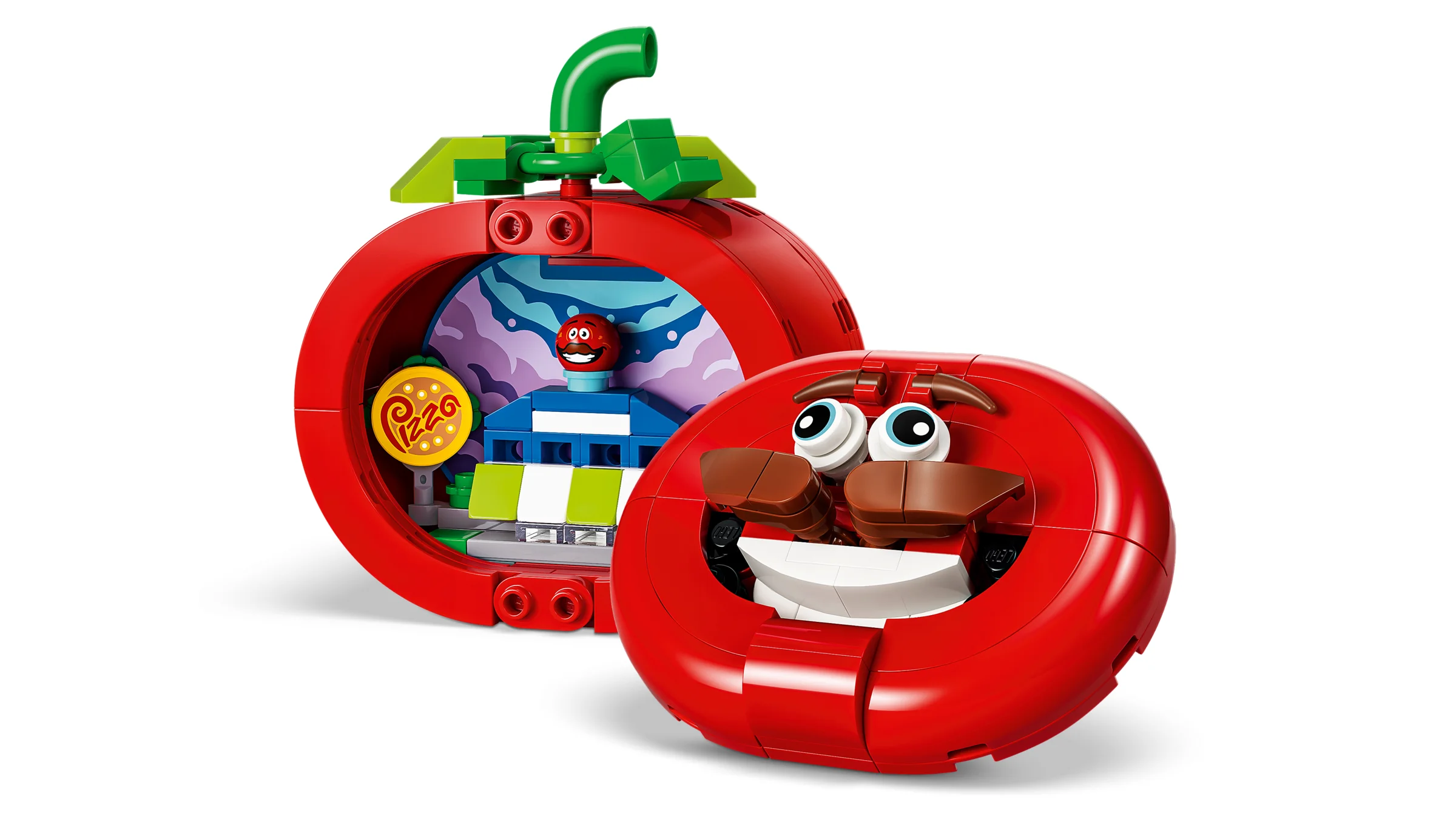 Modelul LEGO Tomatohead Fortnite, prezentând fața și interiorul pizzeriei.