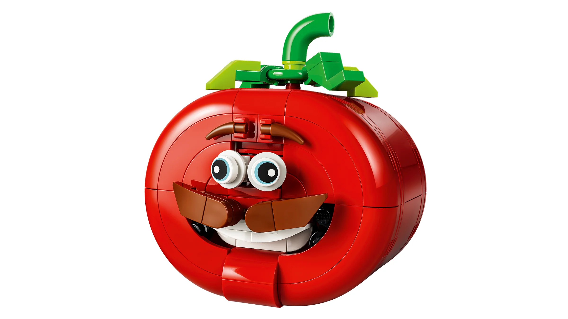 Prim plan cu modelul LEGO Tomatohead din Fortnite. Detalii clare, culori vii.