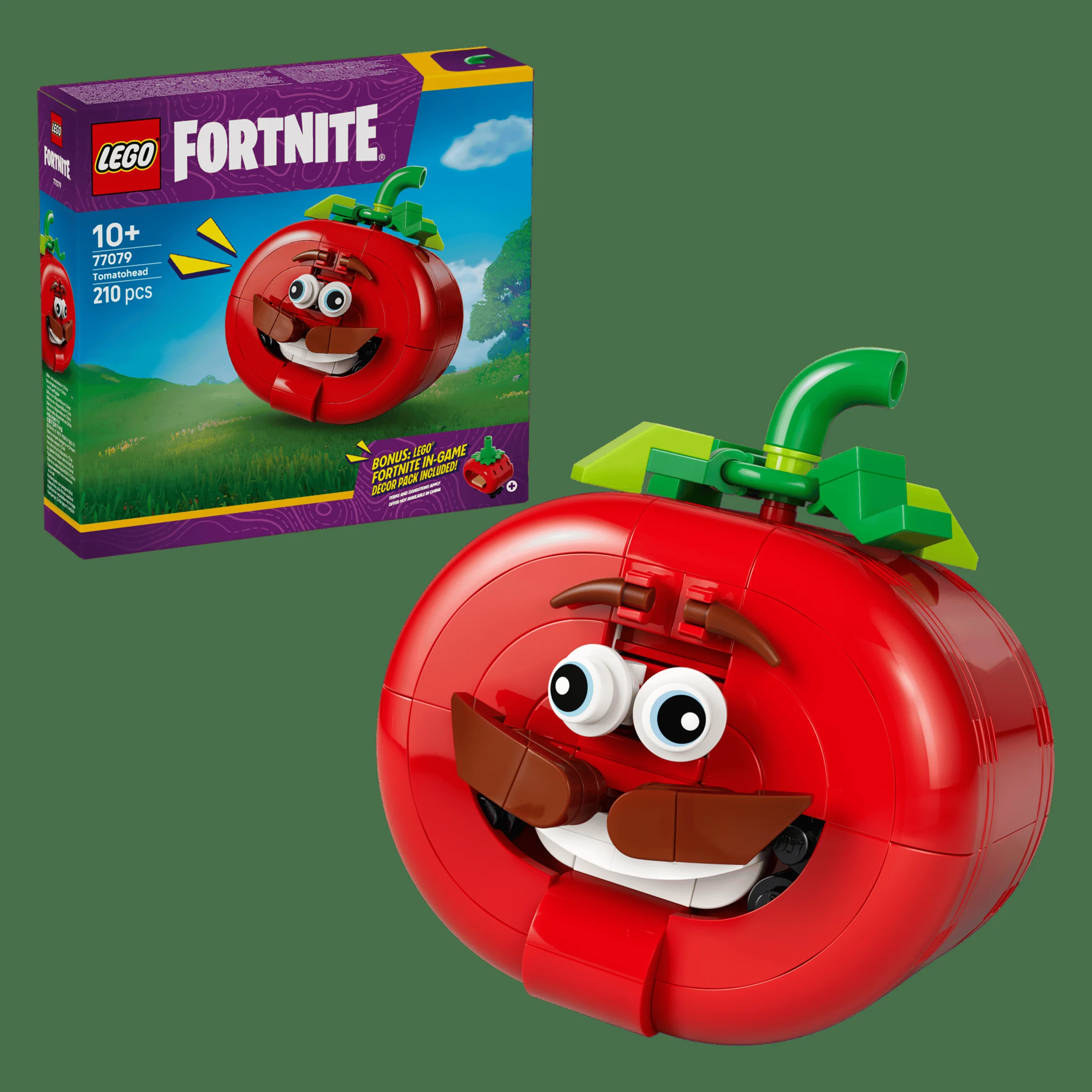Imagine cu setul LEGO Fortnite 77079 Tomatohead și cutia. Un model detaliat, viu colorat.