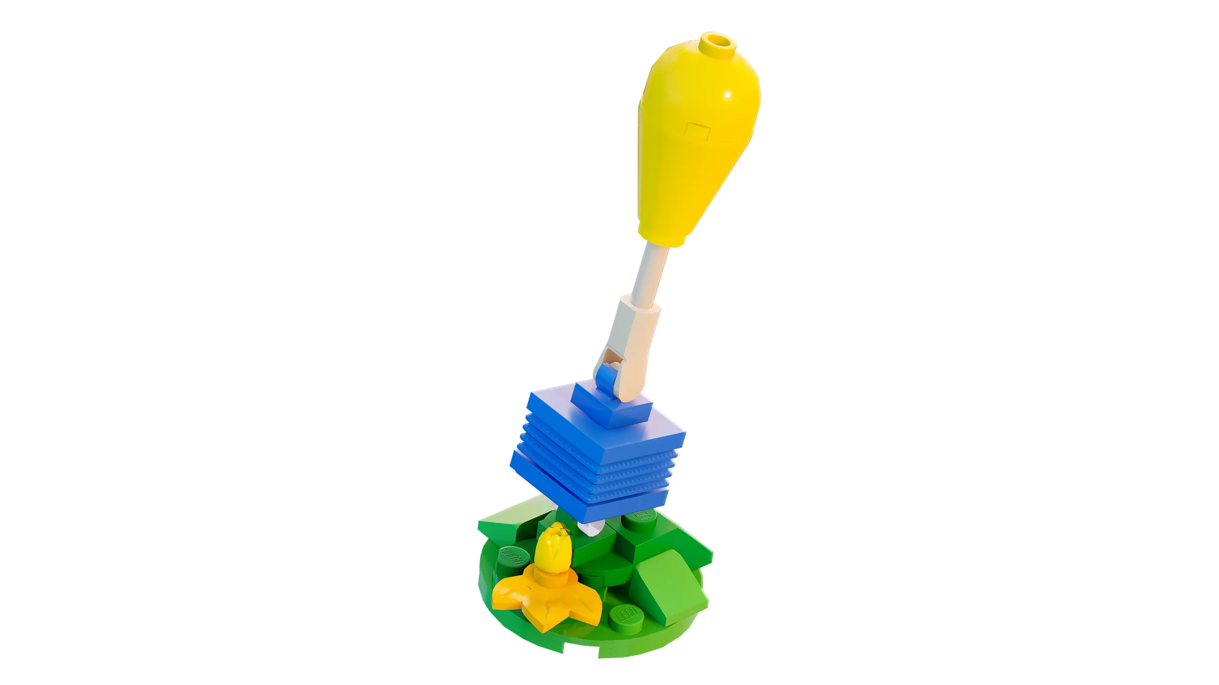 Detalii ale setului LEGO Supply Drop: parașută galbenă, cutie albastră, bază verde.