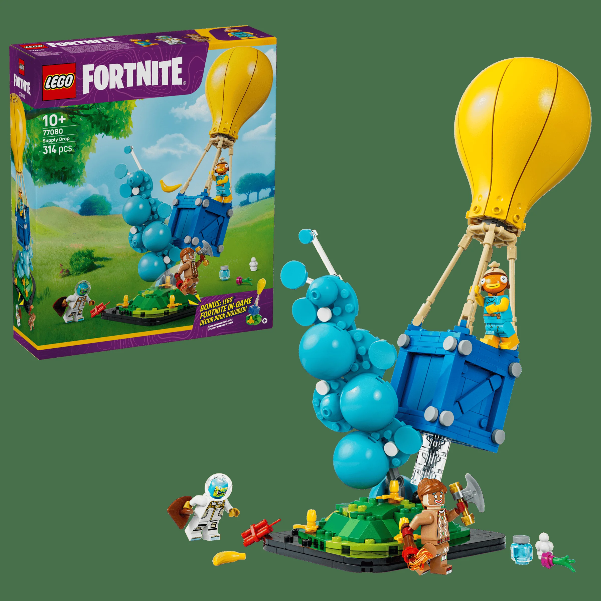 Imagine a setului LEGO Fortnite 77080 Supply Drop, cu minifigurine și cutia produsului.
