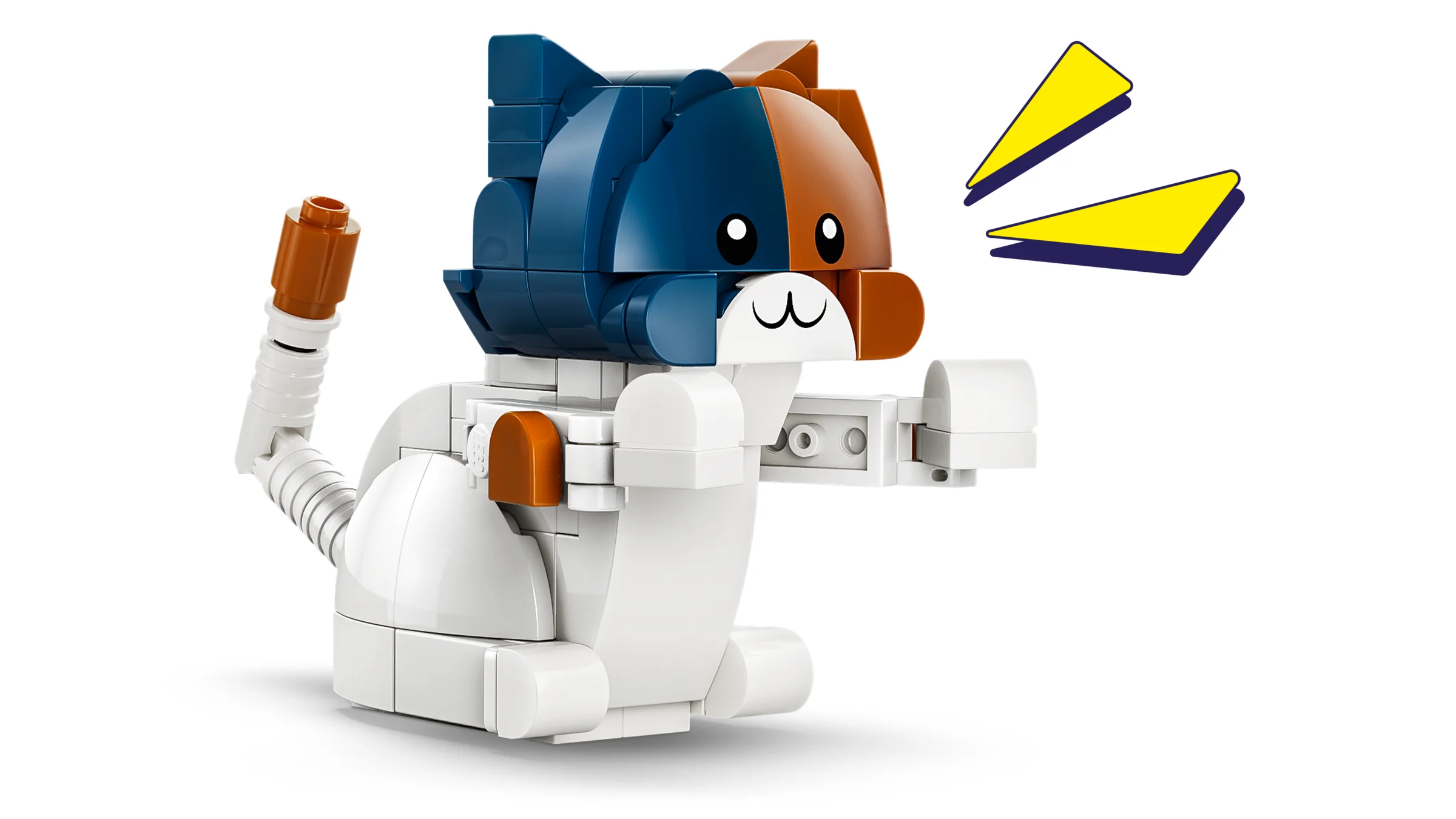 Imagine cu modelul finalizat al pisicii construite din LEGO, cu detalii.
