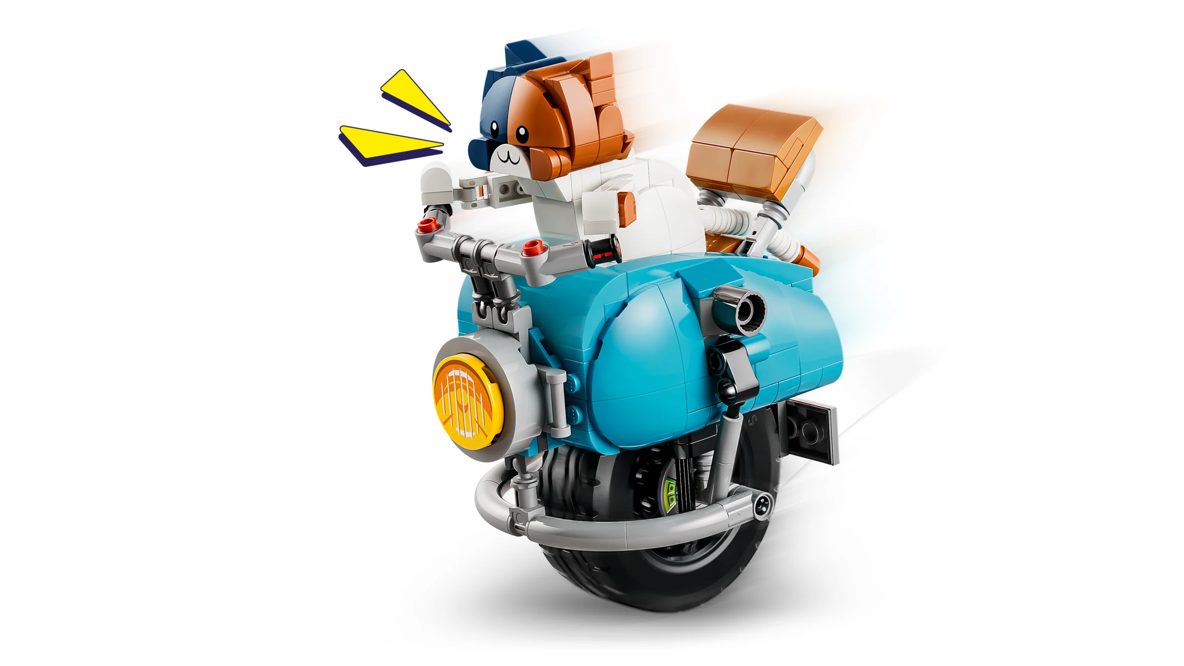 Imagine cu modelul LEGO Fortnite 77081 KIT, un vehicul pe o roată, cu Meowscles la ghidon.