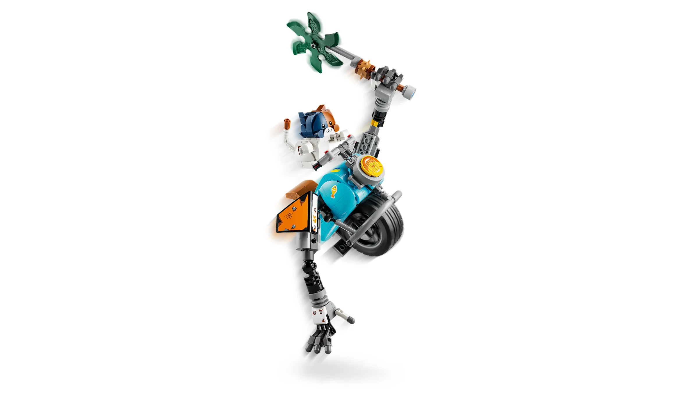 Imagine cu moticleta LEGO Fortnite și minifigurina pisică Lynx. Set detaliat și atrăgător.