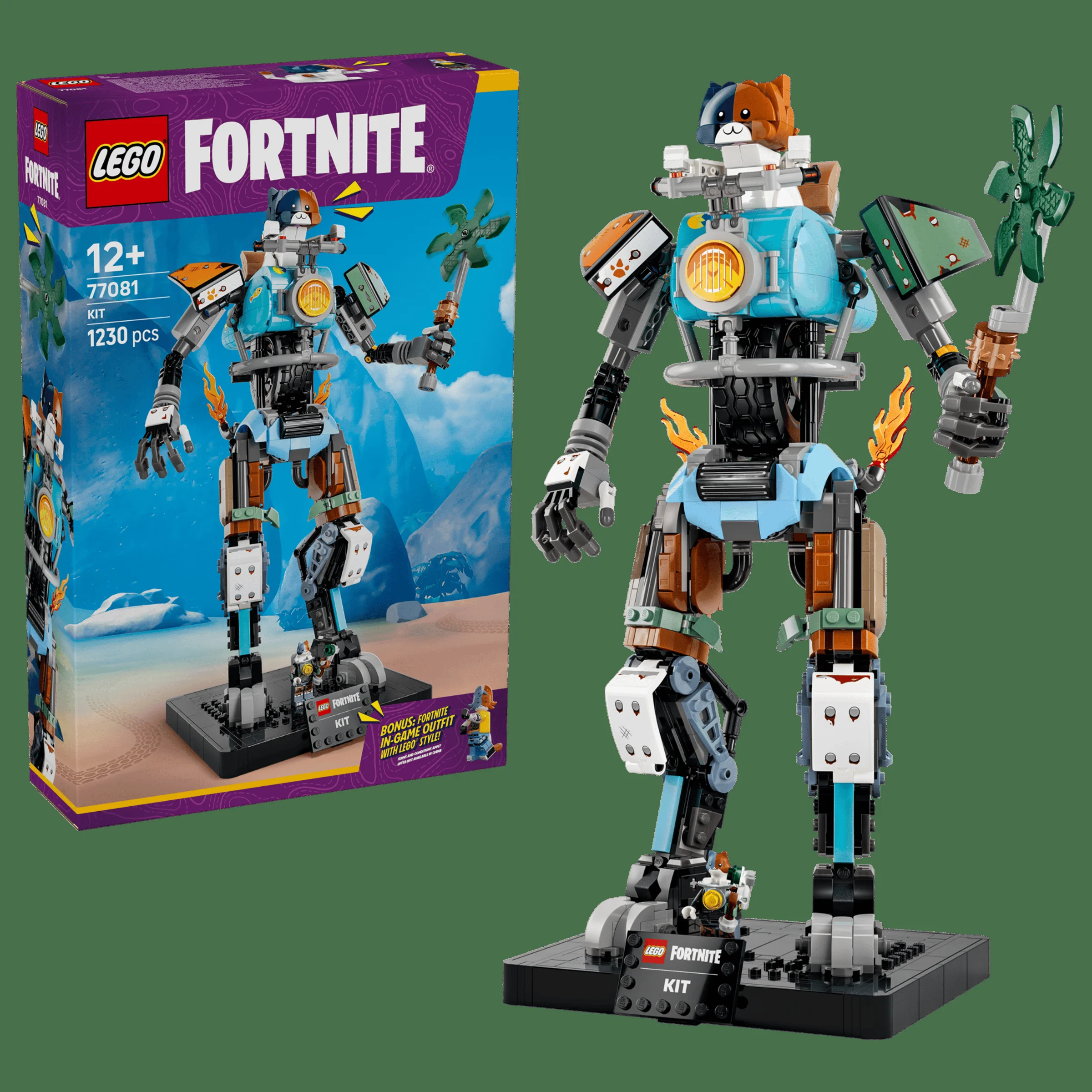 Imagine cu produsul LEGO Fortnite 77081, ce prezintă robotul Meowscles și cutia setului.