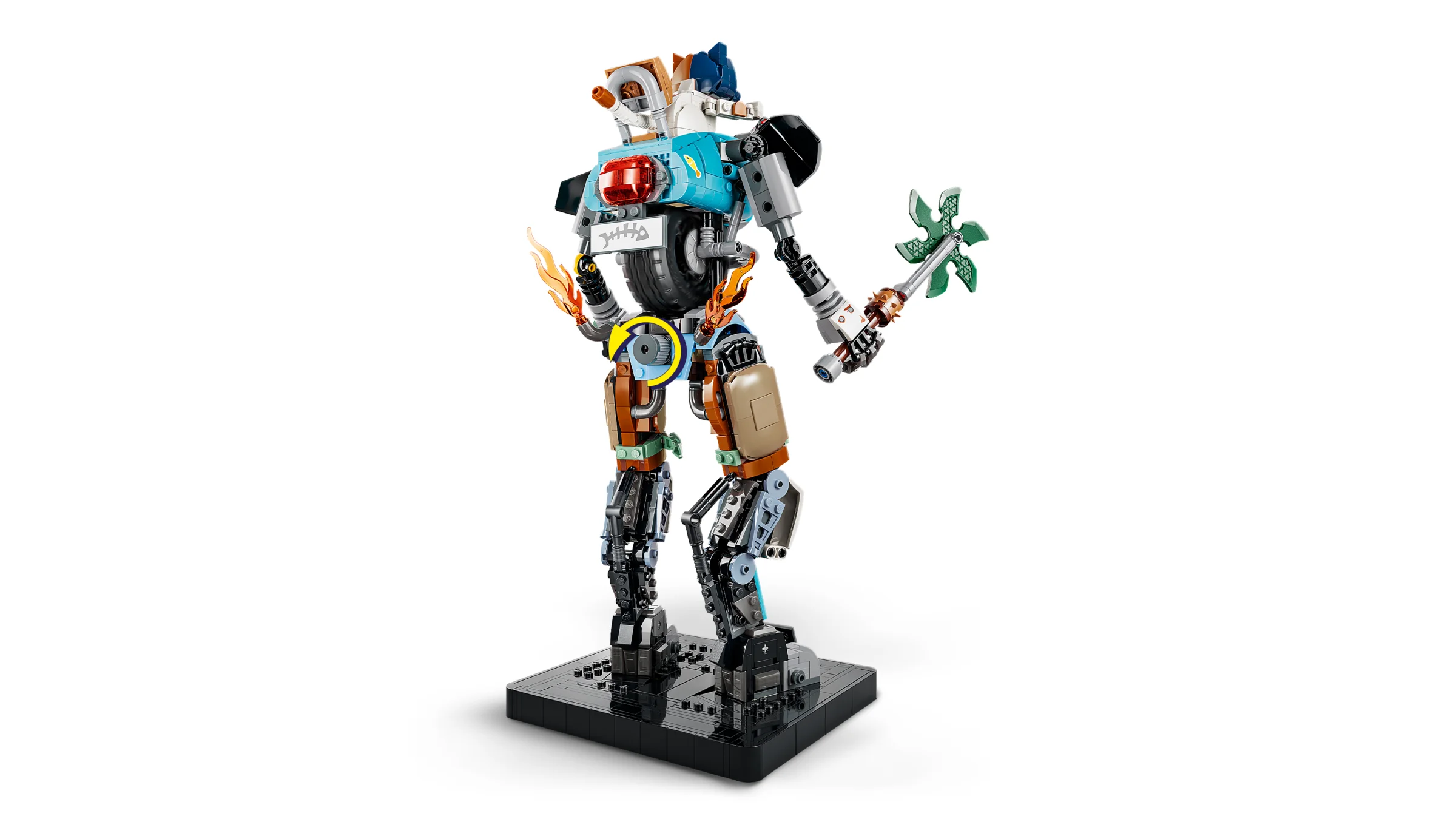 Imagine cu robotul LEGO Fortnite, construit pe o bază neagră. Design detaliat și viu colorat.