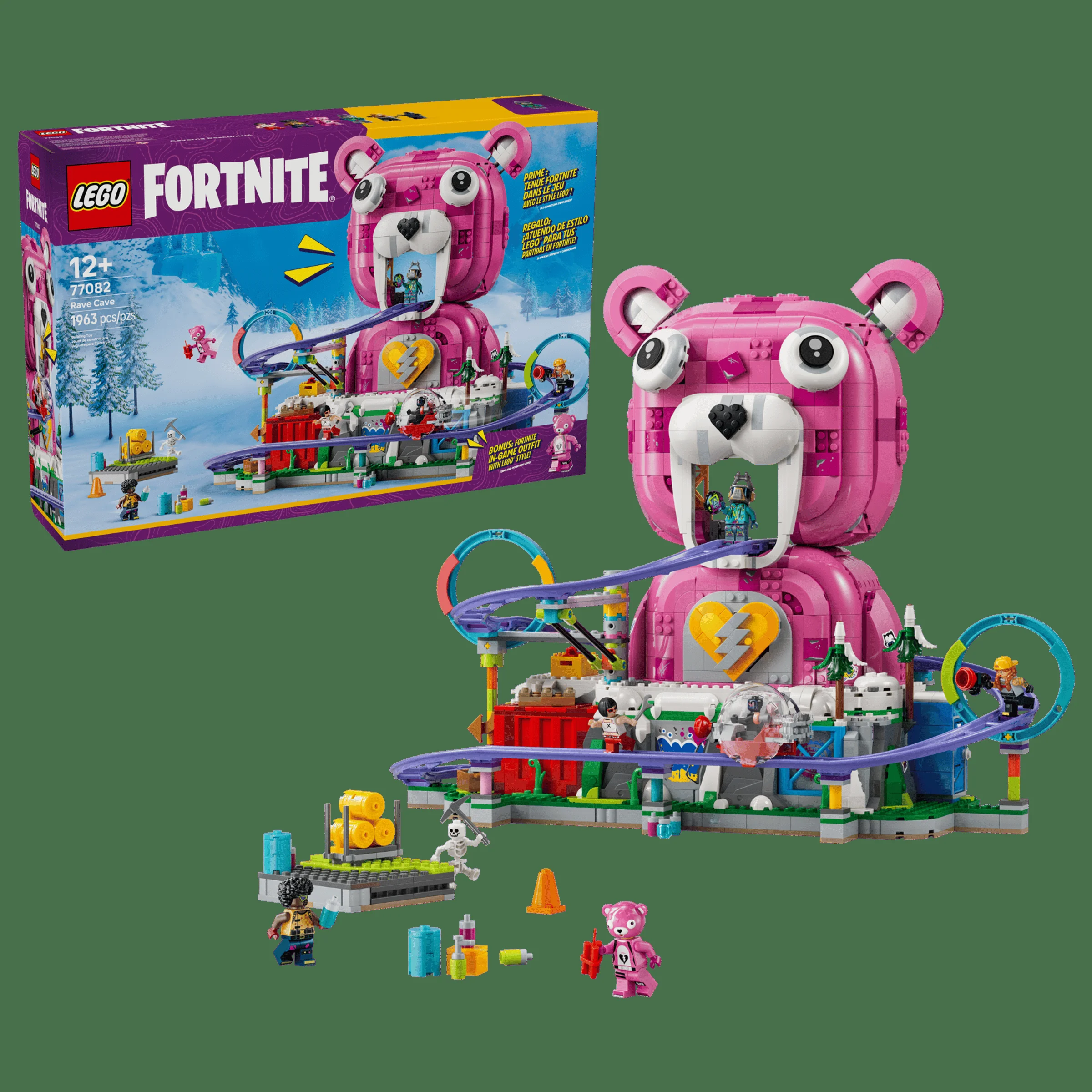 Imagine cu setul LEGO Fortnite 77082 „Rave Cave”. Include cutia și modelul asamblat, cu detalii și minifigurine.