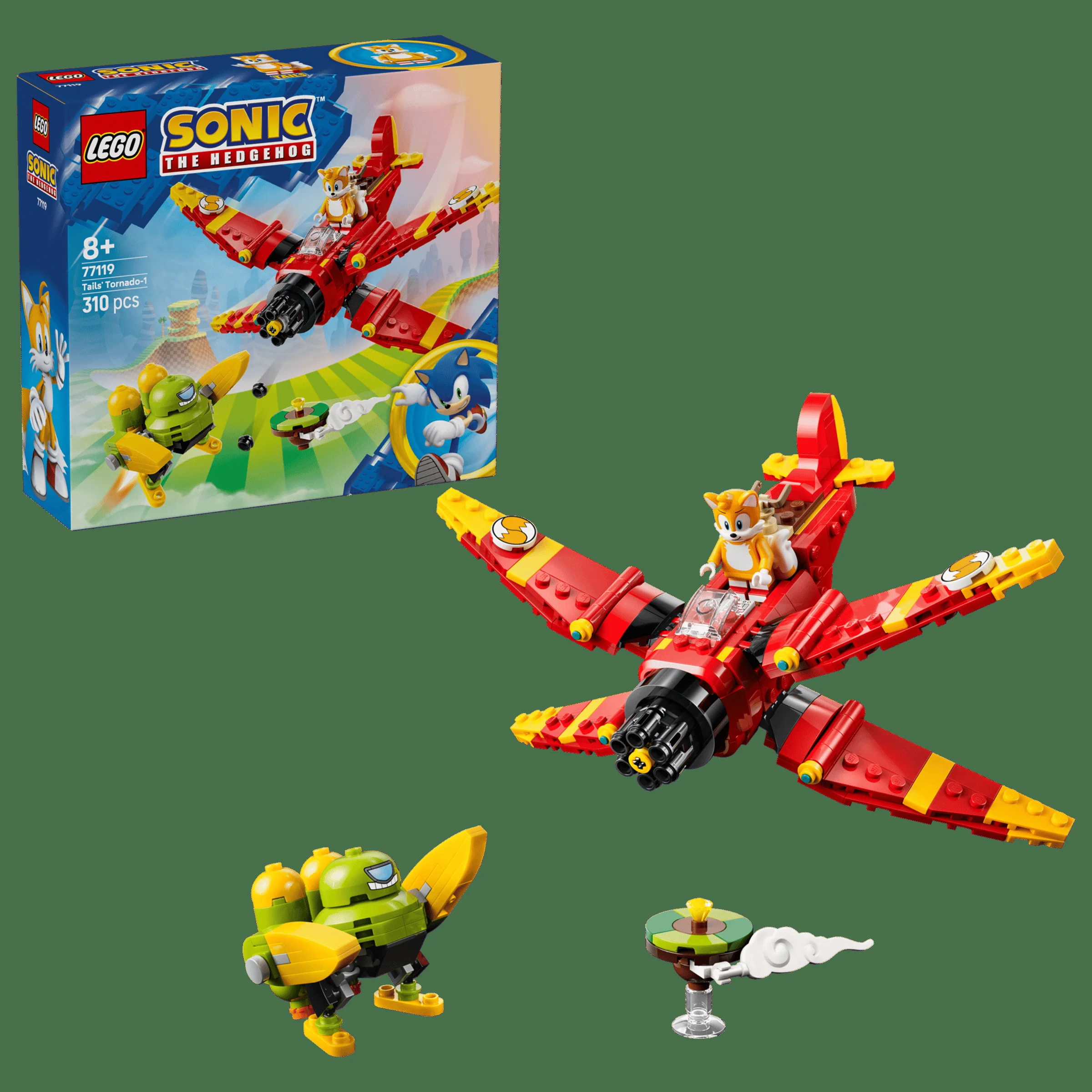 Prezentare cu setul LEGO 77119 Tails' Tornado-1. Include avionul, robotul și elemente de decor.