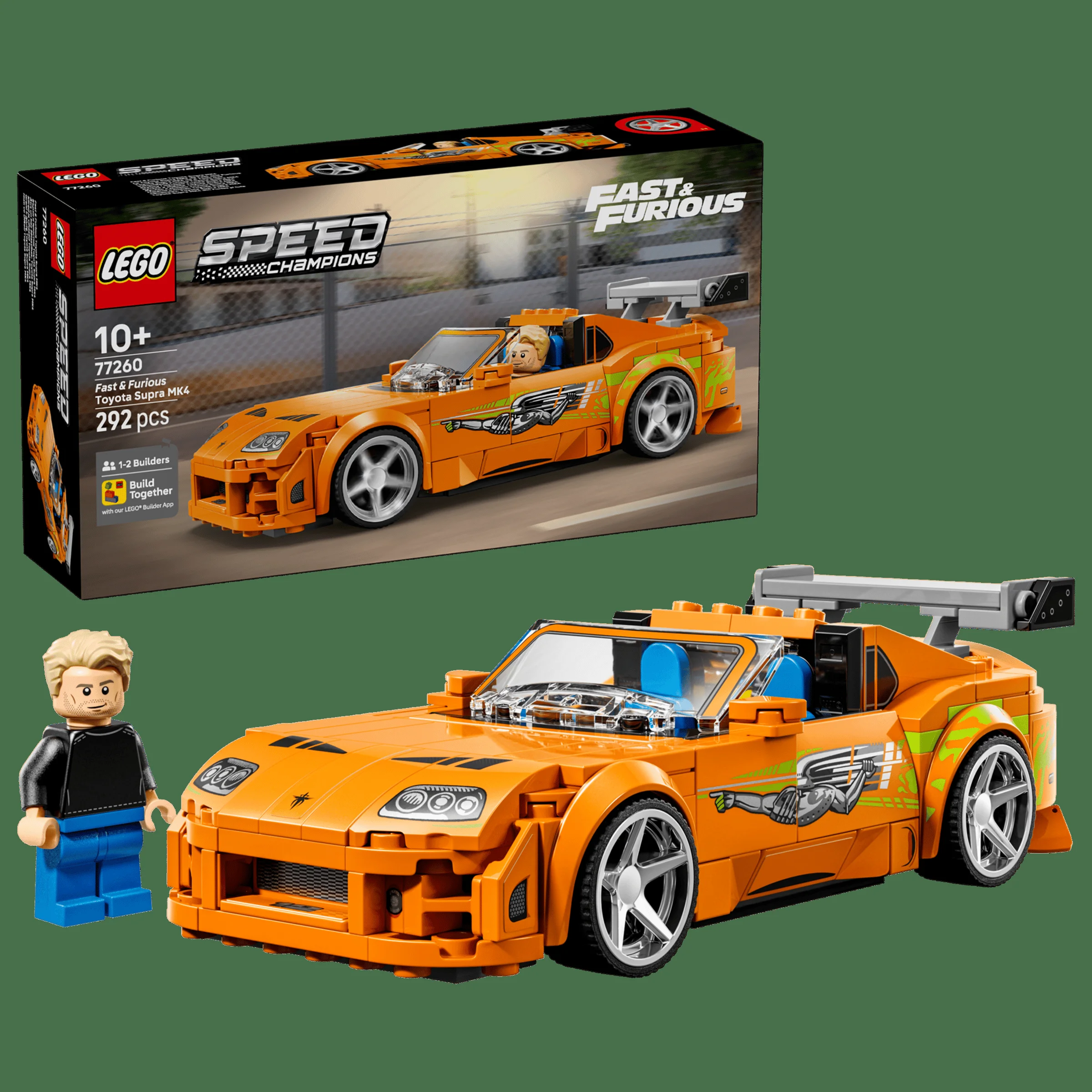 Imagine cu LEGO Speed Champions 77260 Fast & Furious Toyota Supra MK4 și cutia, plus minifigurina.