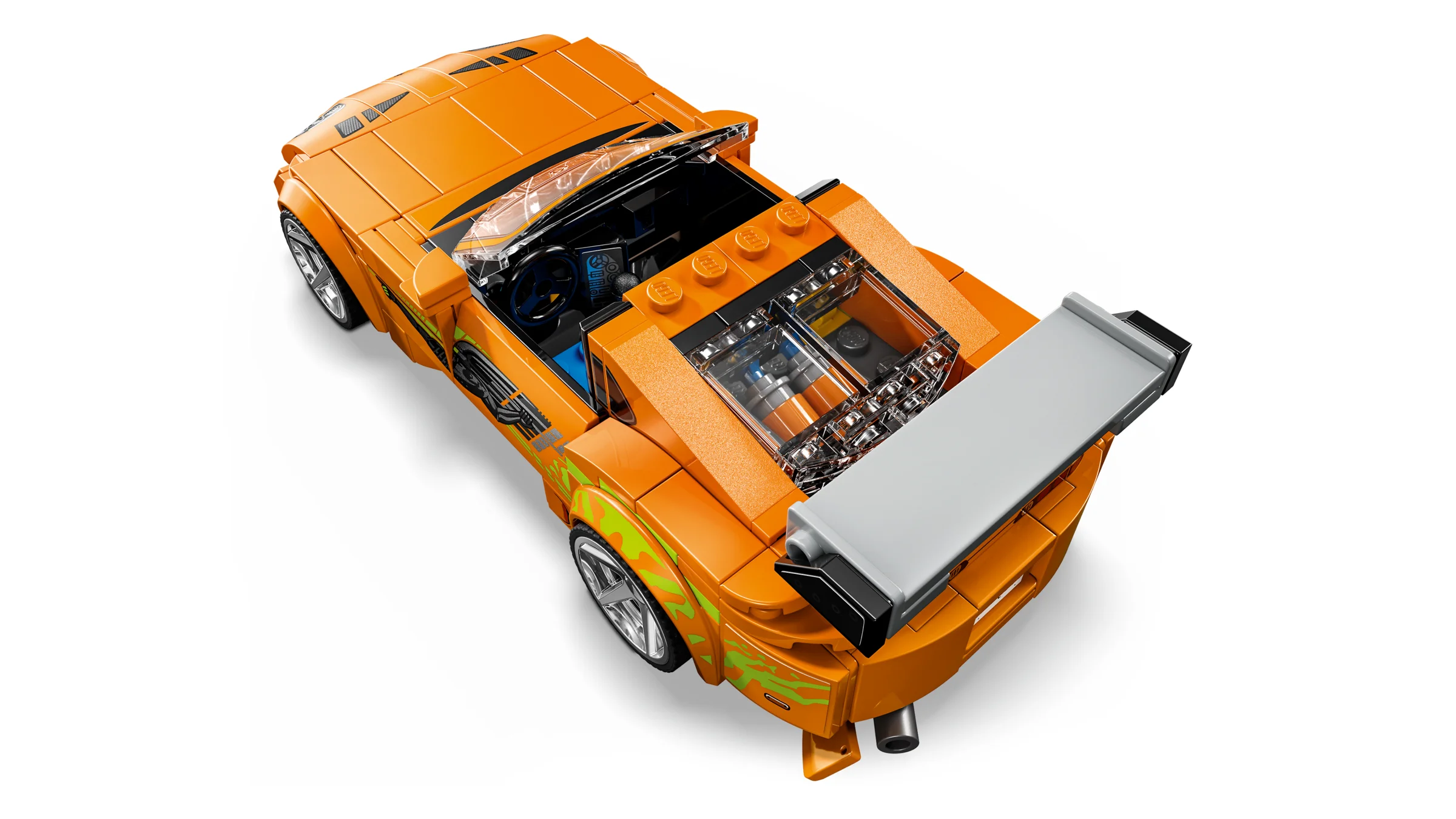 O vedere de sus detaliată a modelului Toyota Supra MK4, cu detalii ale designului distinctiv.