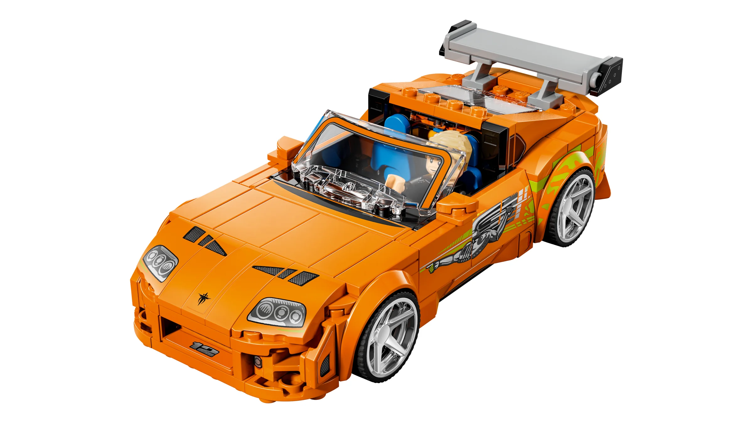 Imagine cu Toyota Supra MK4 din setul LEGO Speed Champions, portocalie, cu minifigurină la volan.