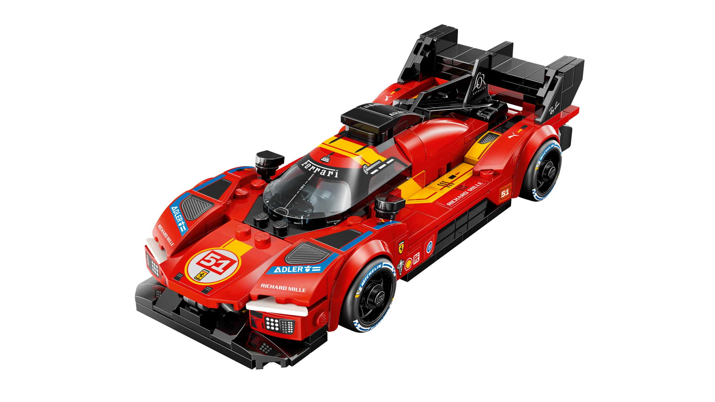 Imagine cu modelul LEGO Ferrari 499P, roșu, cu autocolante și detalii realiste.