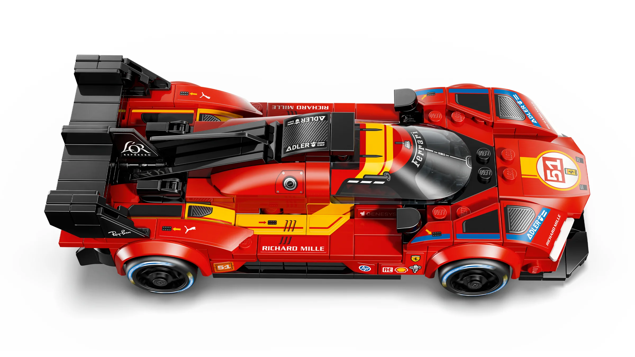 Imagine cu modelul LEGO Ferrari 499P, roșu, cu detalii precise și sponsorizări autentice.