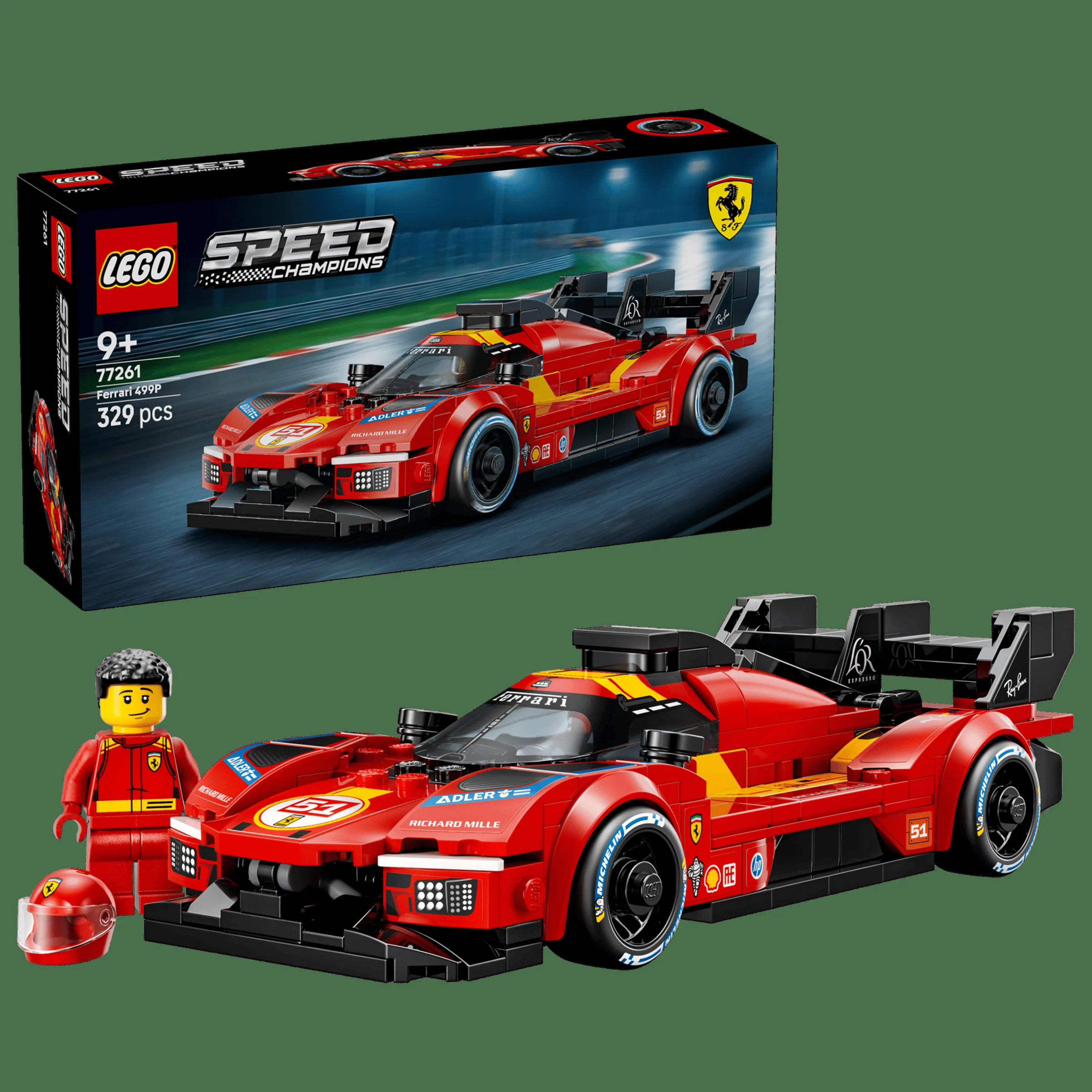 Imagine cu setul LEGO 77261 Ferrari 499P, cutia produsului și minifigurina pilotului.