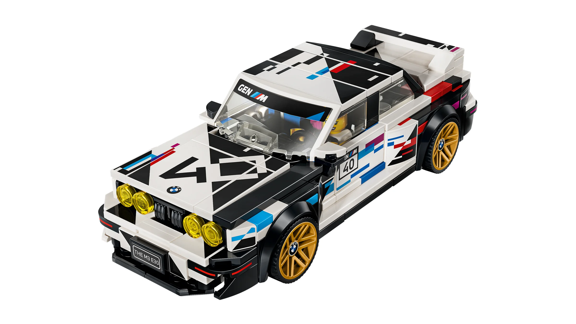 Imagine cu modelul LEGO BMW M3 (E30) 77263, cu detalii precise și schema de culori unică.